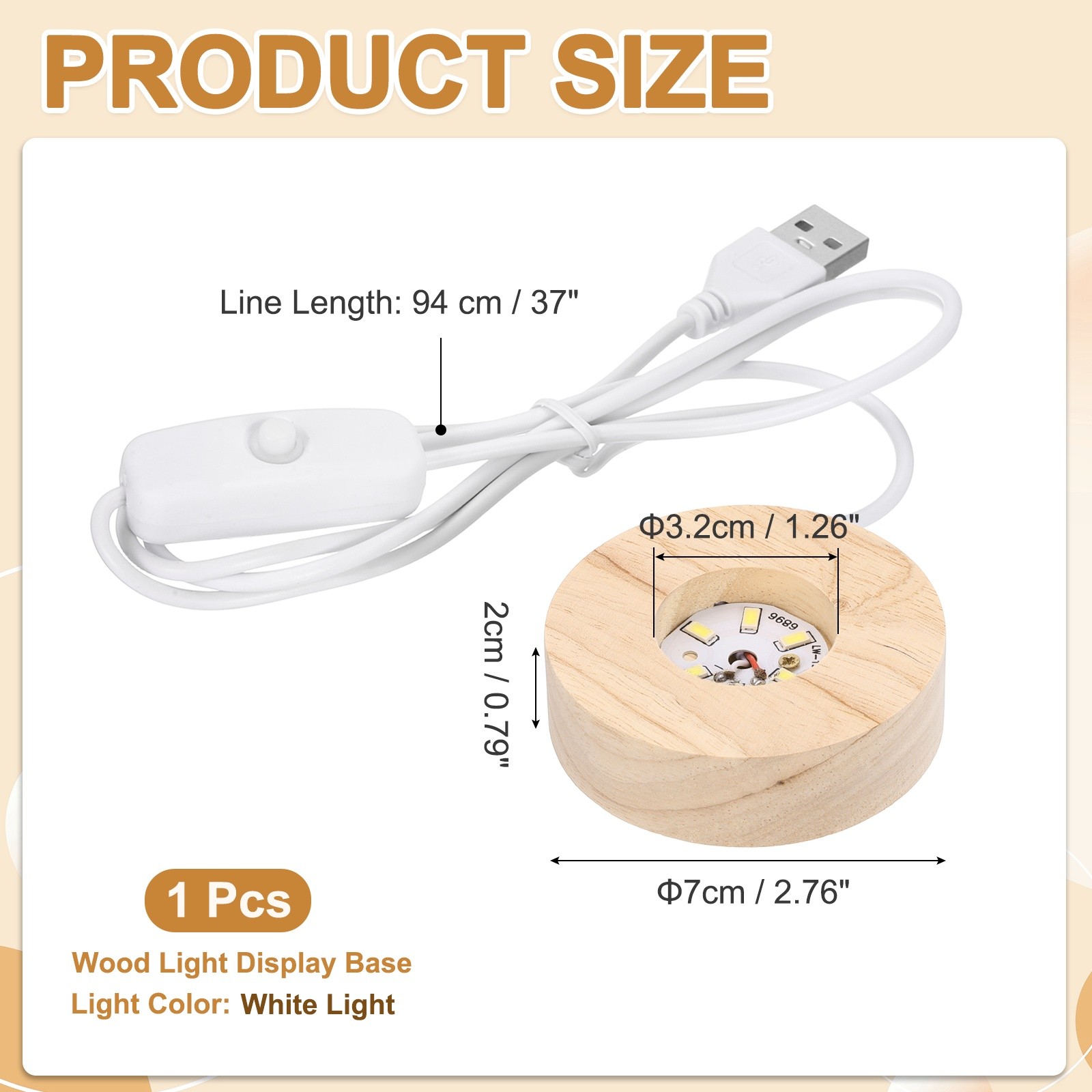 LED Base Wood Light Display Base, 2.76In/7cm OD White Light
