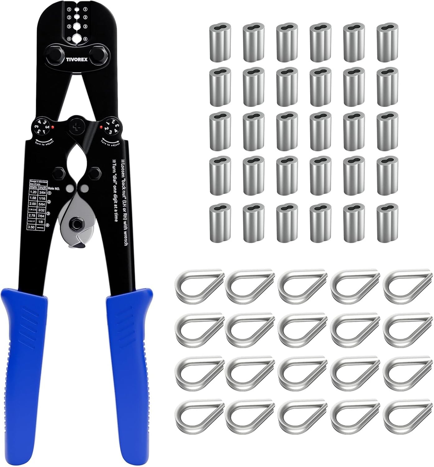 Tivorex Blue Crimping Tool Kit with Built-in Cutter, Swaging Tool for Loop Sleev