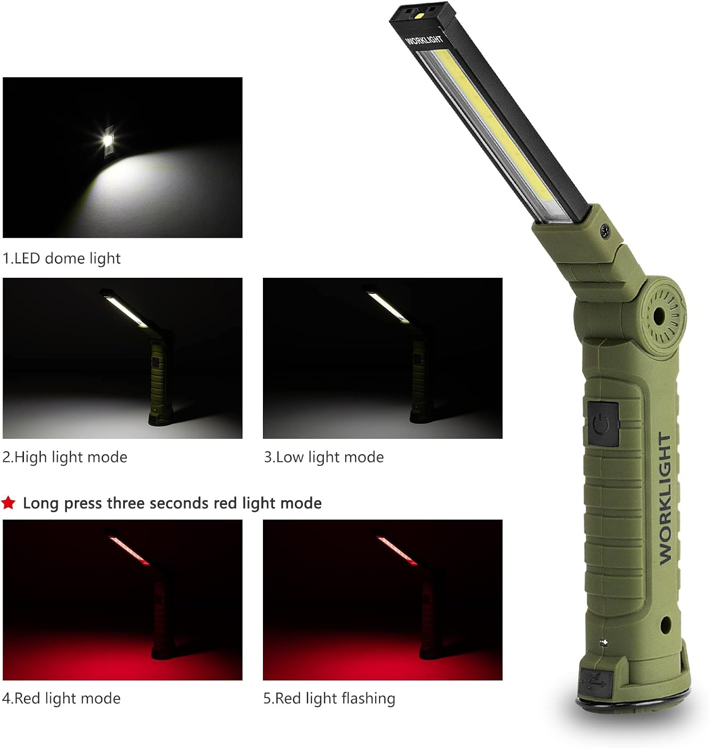 Rechargeable LED Work Light Flashlight, 5 Modes, 360°, 2 Pack