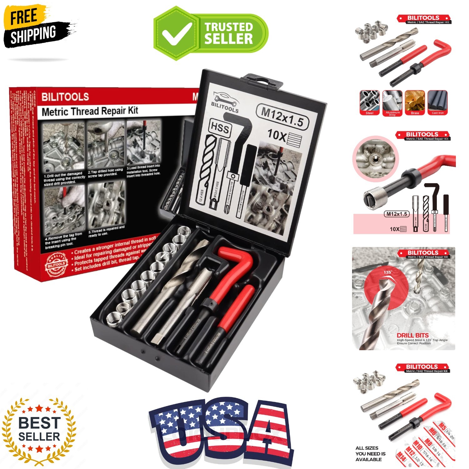 M12x1.5 Thread Repair Kit, HSS Drill Helicoil Repair Kit Metric