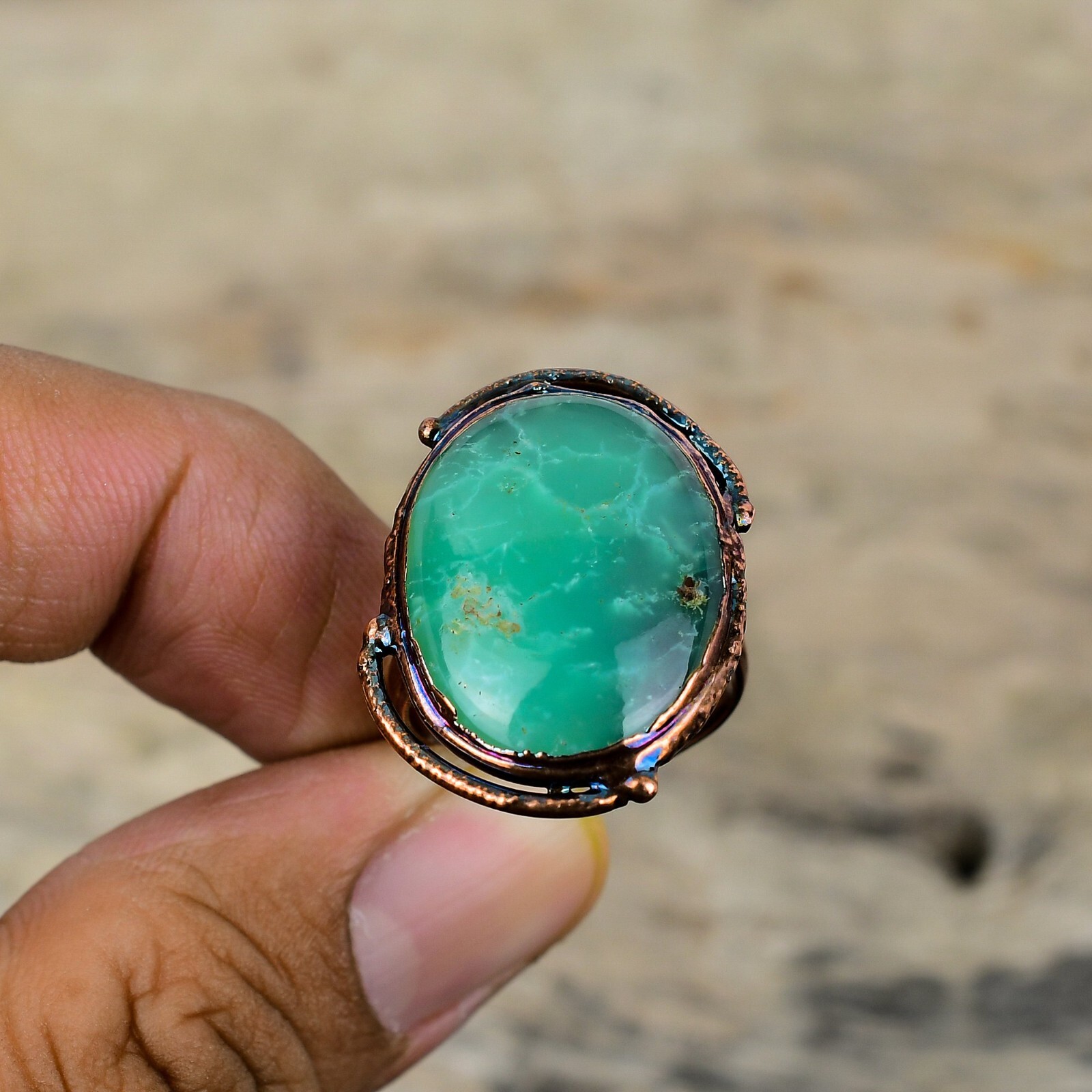 Gift Electroformed Solitaire Adjustable Ring Size Adjustable Copper Chrysoprase