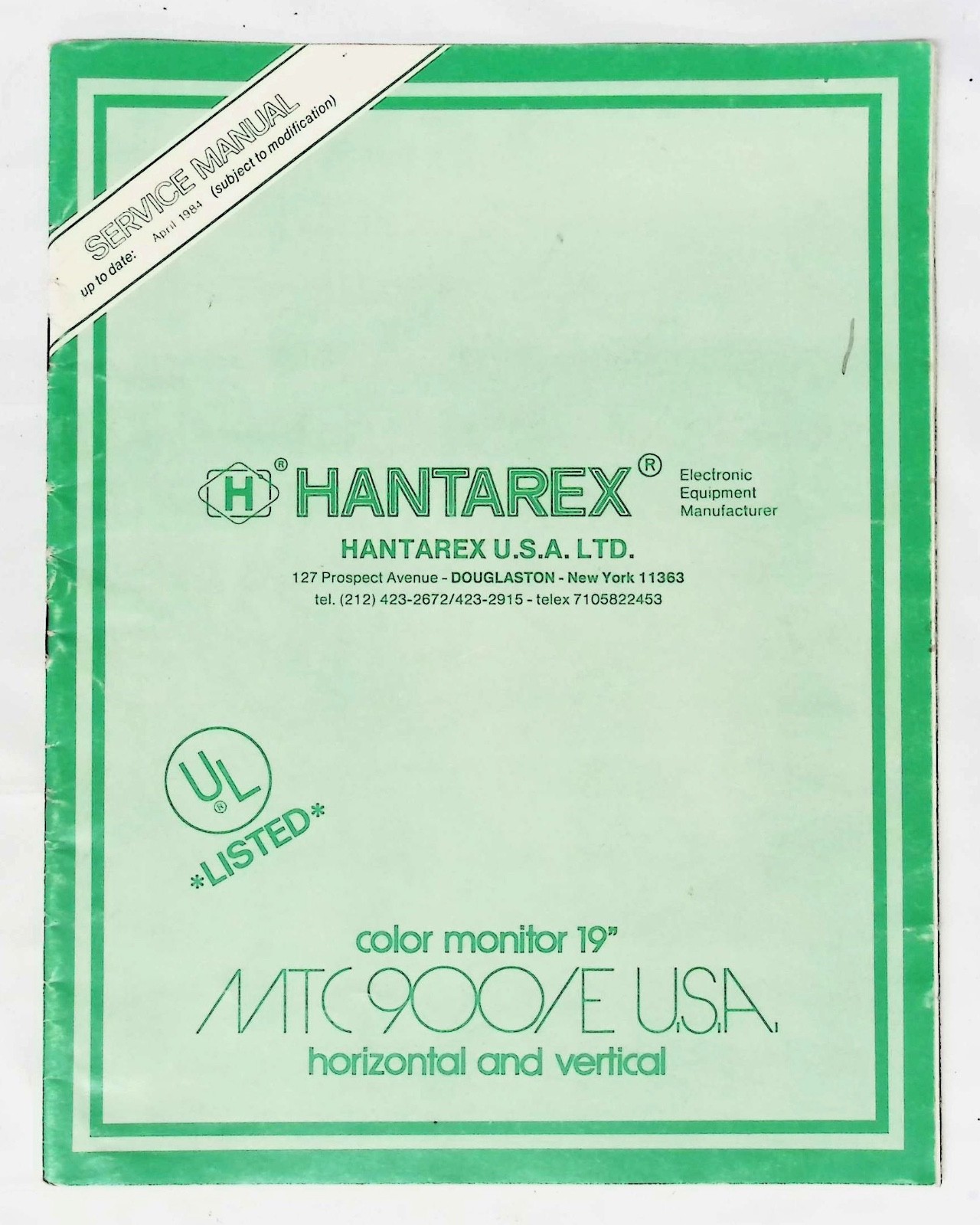 1984 Hantarex  Color Monitor 19"MTC 900/E U.S.A. Service Manual