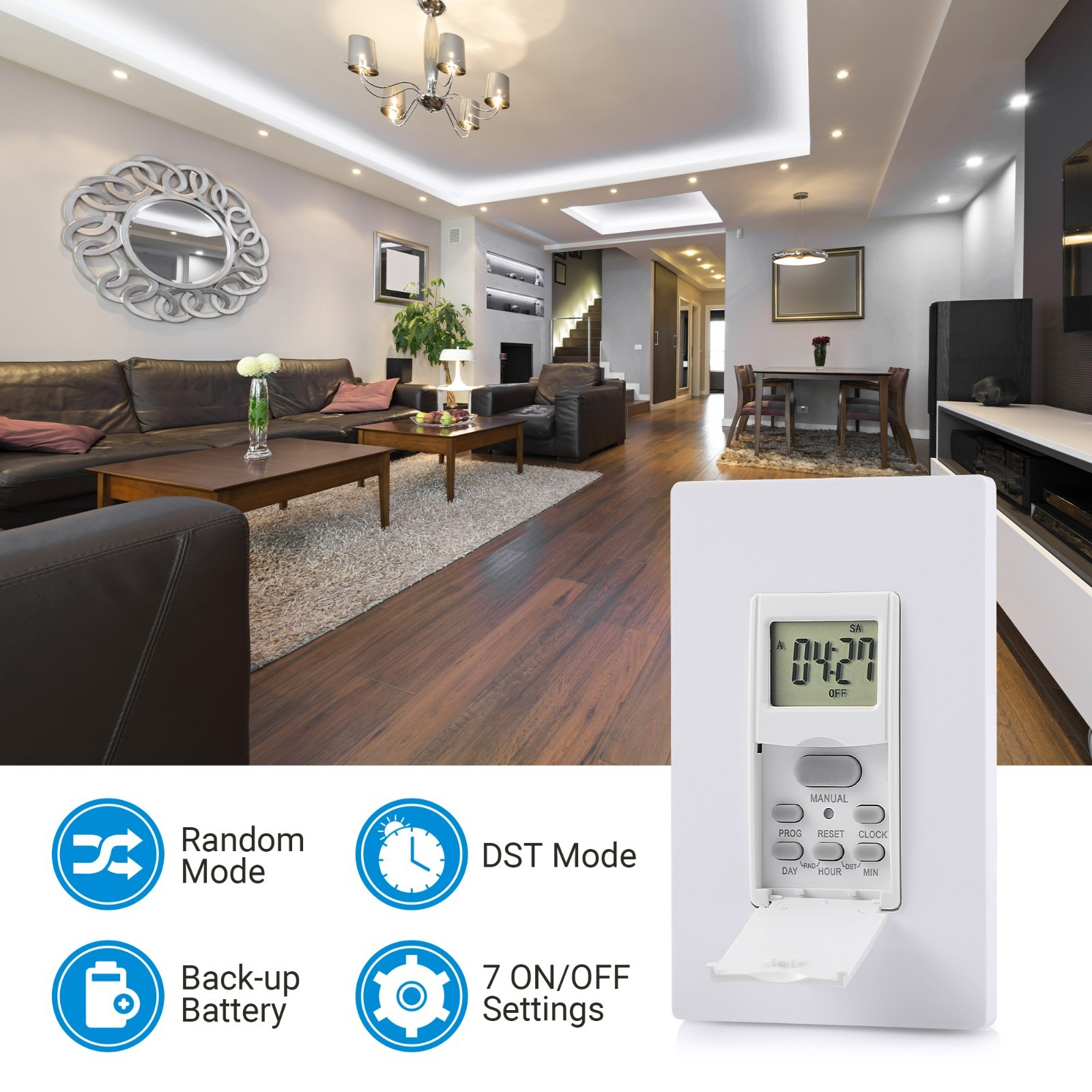 7-Day Programmable In-Wall Timer Switch, Digital, Random Mode, Neutral Wire Requ