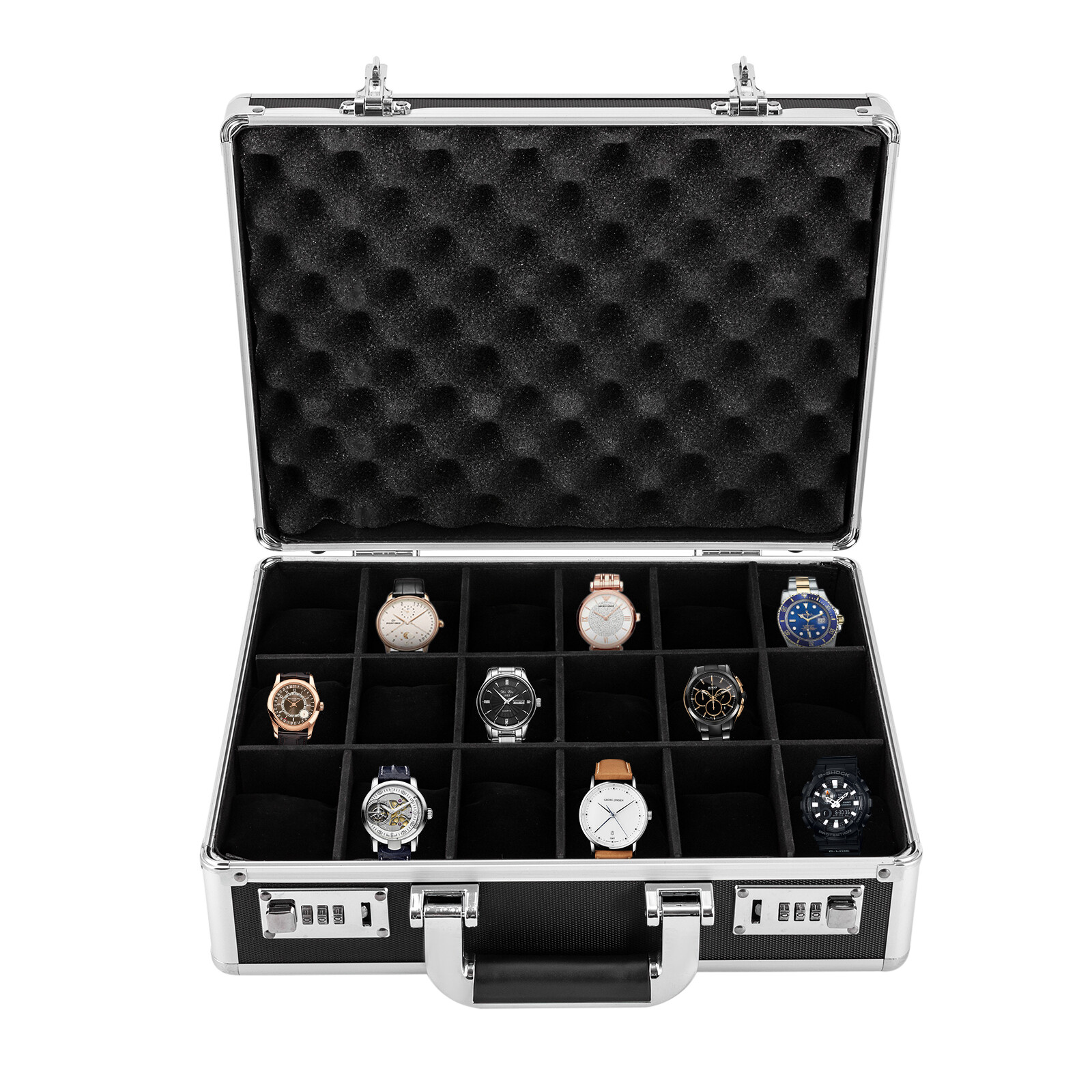 18 Slots Locking Display Briefcase Watches Collectors Display Storage Watch Box