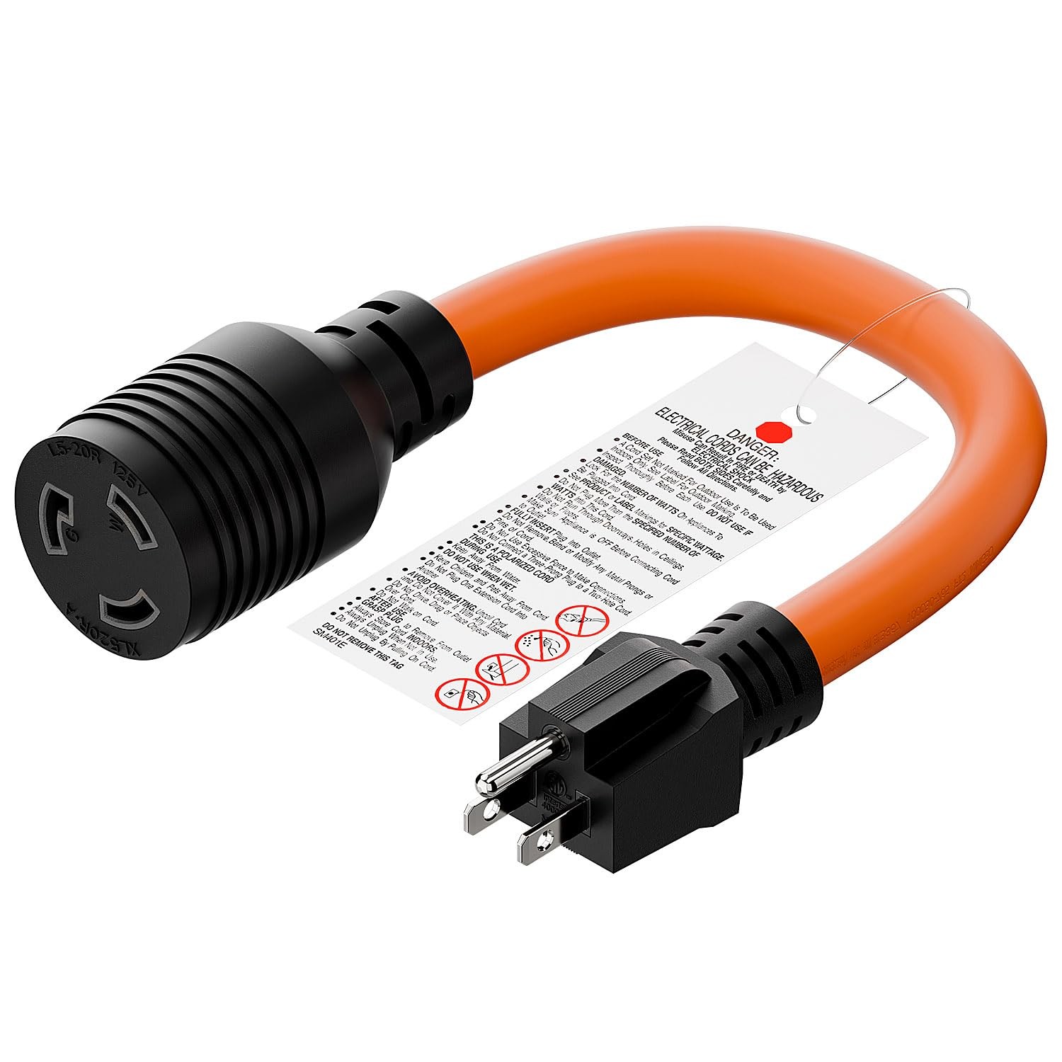 1FT 12-AWG Nema 5-15P to L5-20R Adapter,15-Amp 125V Household Plug to 20A 125...