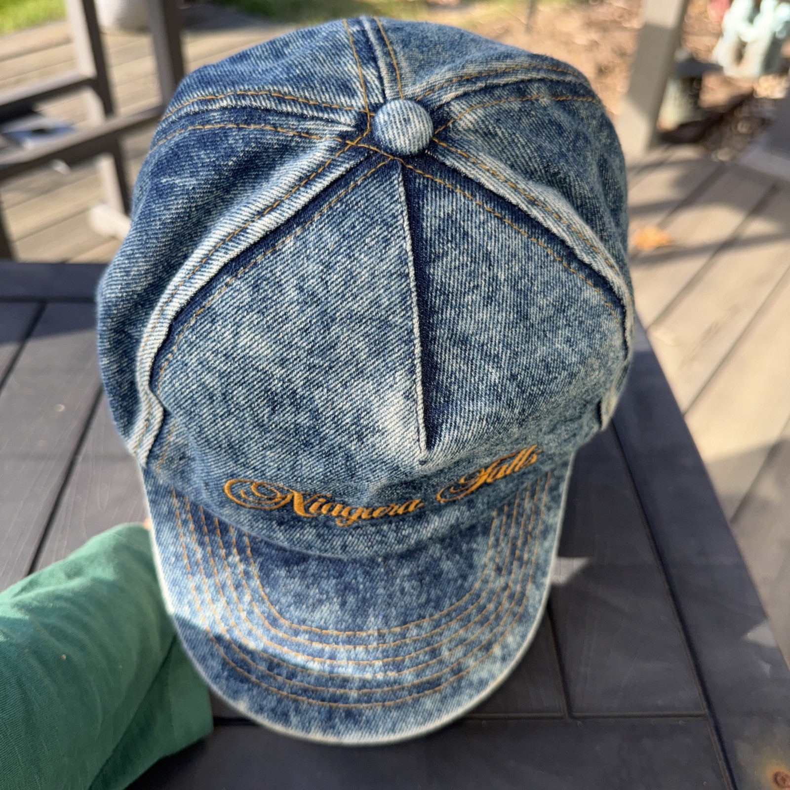 Niagara Falls in gold Script on Washed Denim 5 panel Hat Cap w Bill SnapBack