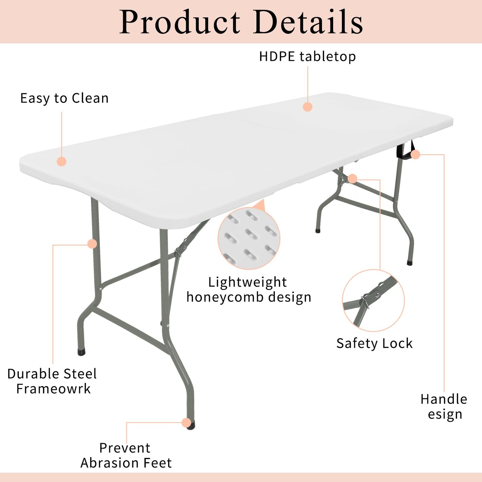 Set of 2 Folding Tables with Carrying Handle Lightweight Rectangular Portable...
