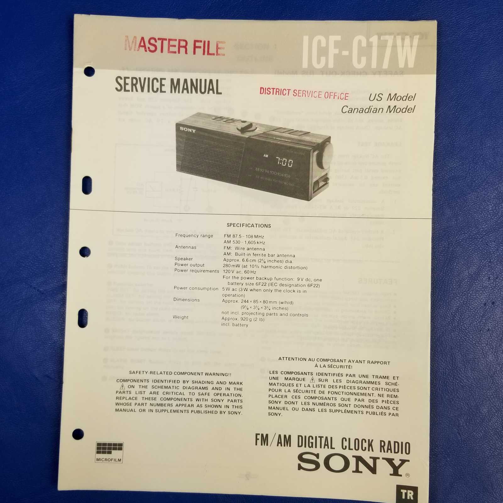 SONY ICF-C17W Service Manual Original Paper OEM Repair Guide - USA