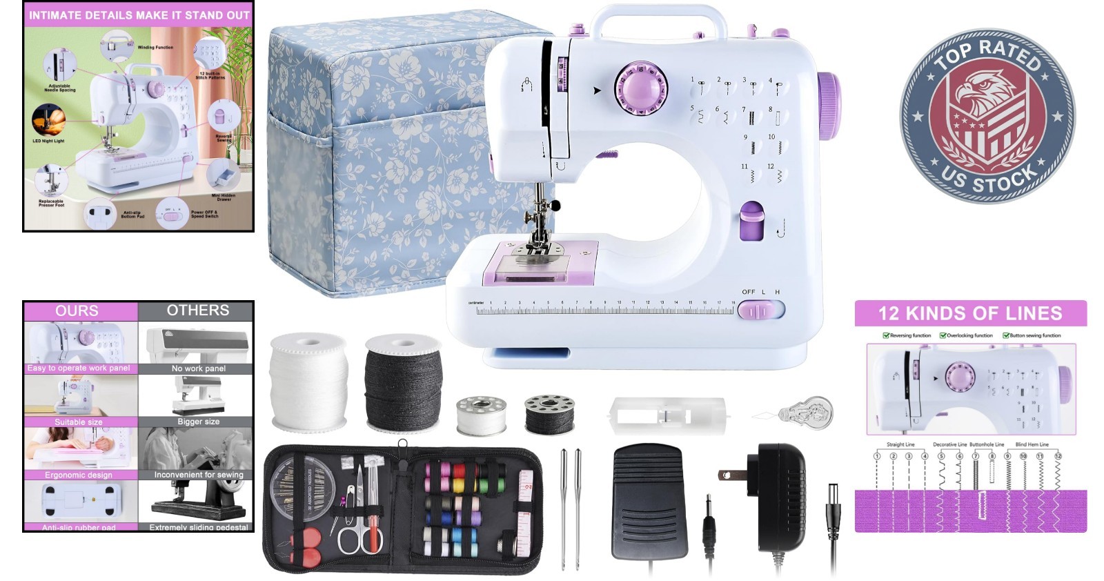 Lightweight 2-Speed Sewing Machine for Beginners & Kids - 12 Stitch Patterns