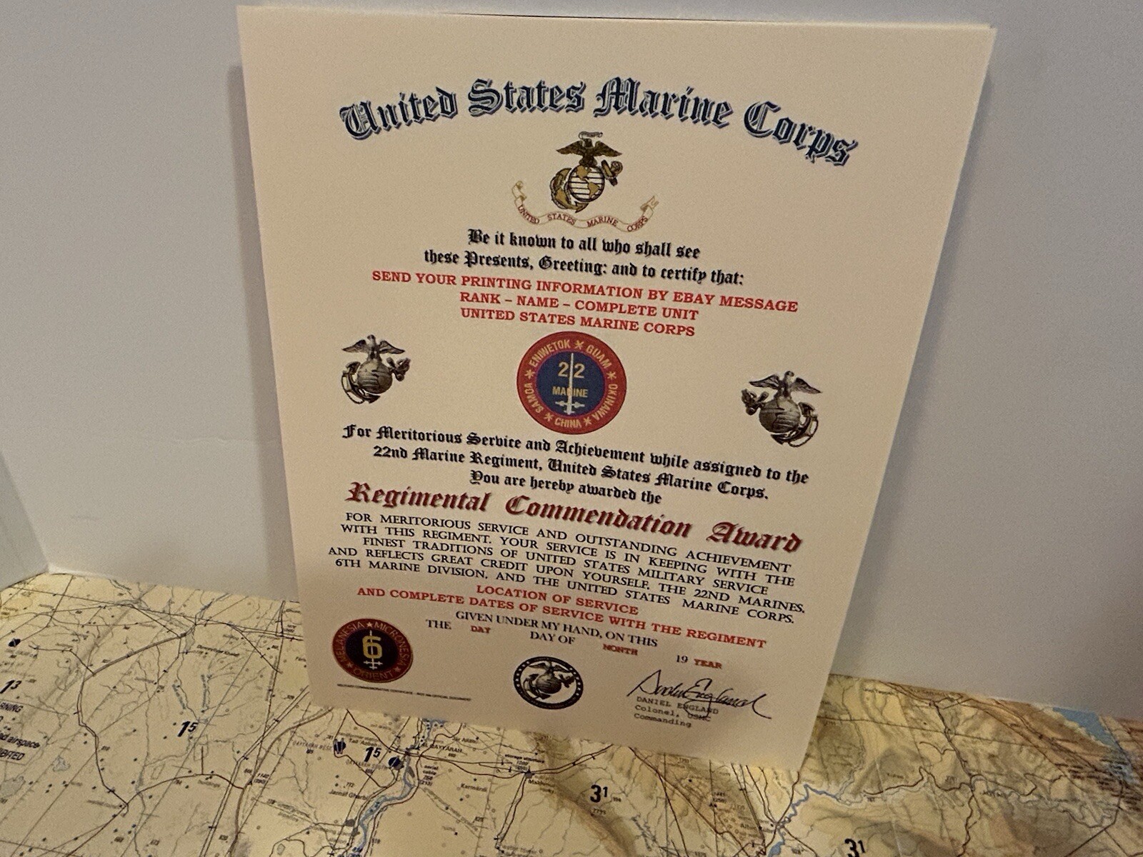 U.S.M.C. / 22ND MARINE REGIMENT - REGIMENTAL COMMENDATION AWARD CERTIFICATE