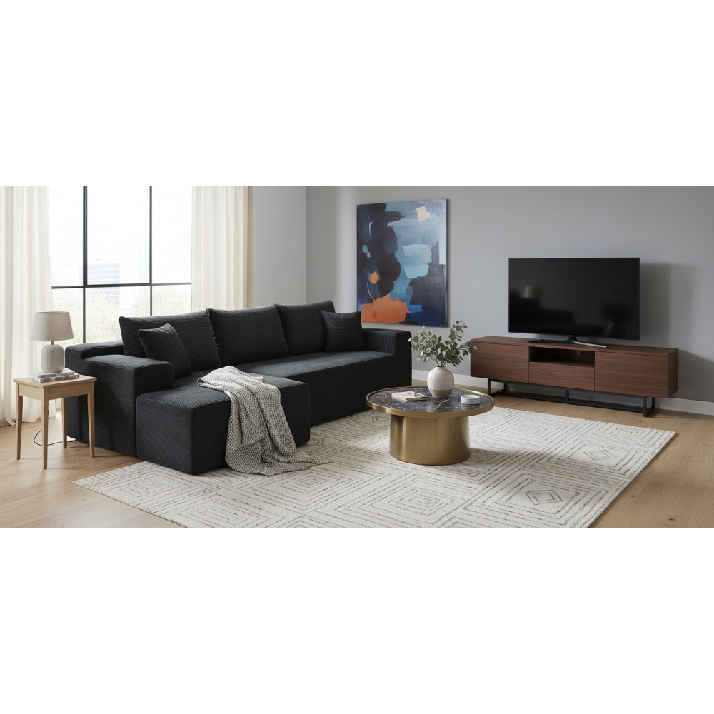 L-Shaped Corduroy Sectional Sofa w/ Pillows, Modular 3-Seater Couch, Black
