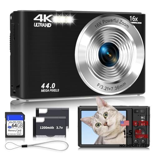 Digital Camera 4K, 2026 Upgrade Cameras for Teens, Autofocus Digital Black