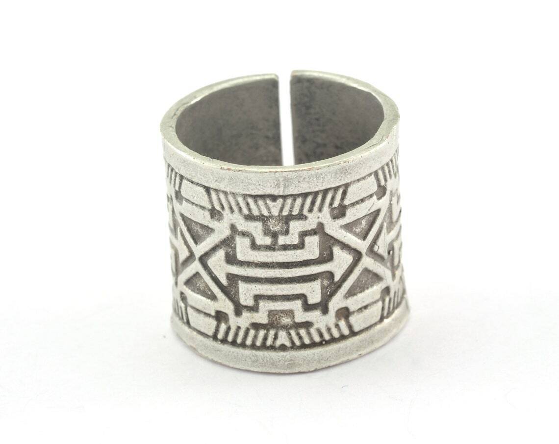 Ethnic tube Textured Adjustable Ring Antique Silver Plated Brass  7US size 3371