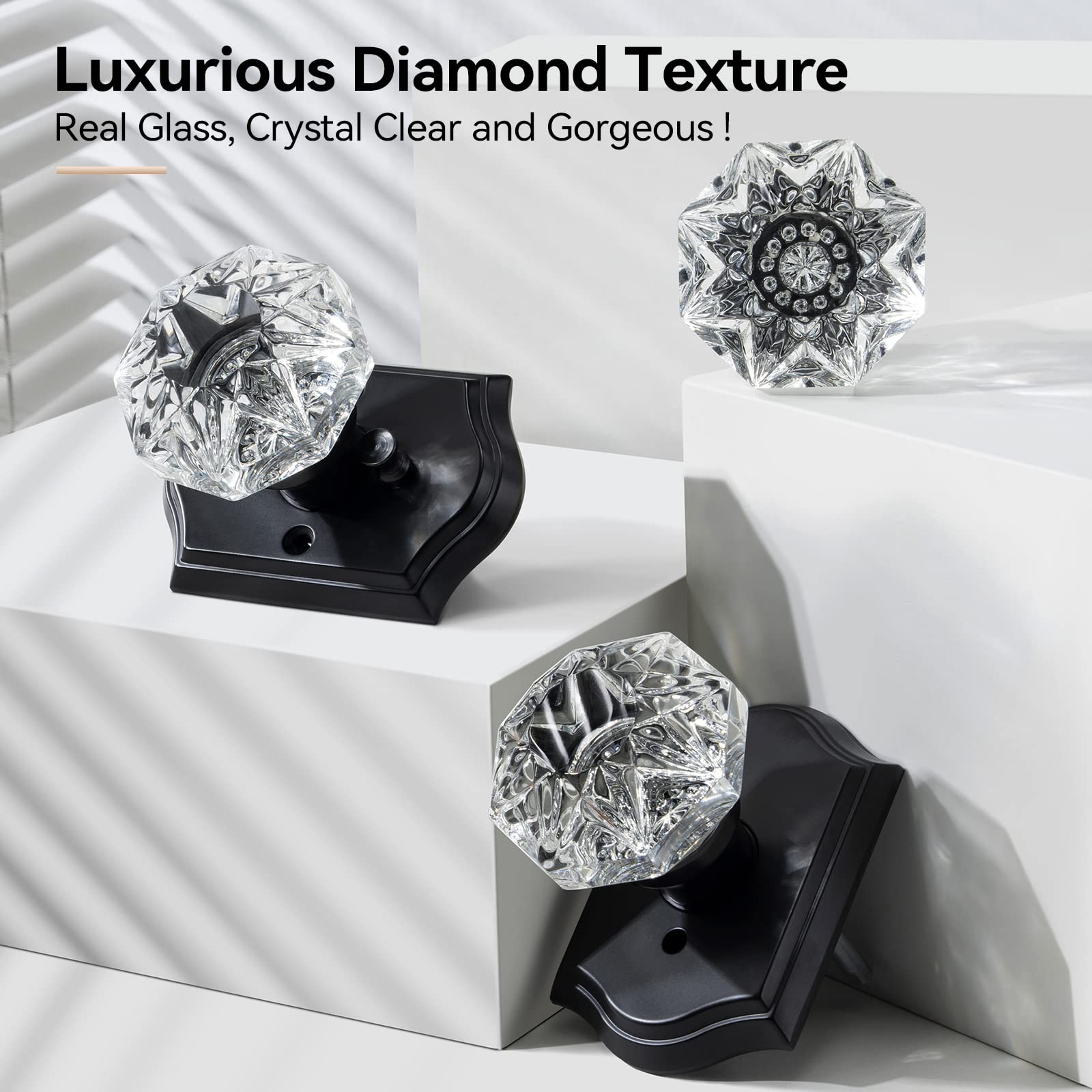 Calzibeno Crystal Door Knobs, Black Glass Knob Diamond-Privacy,