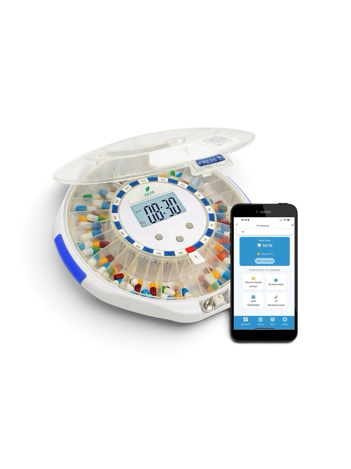 JULOS Bluetooth Automatic Pill Dispenser 28-Day App Alarm Safety Lock