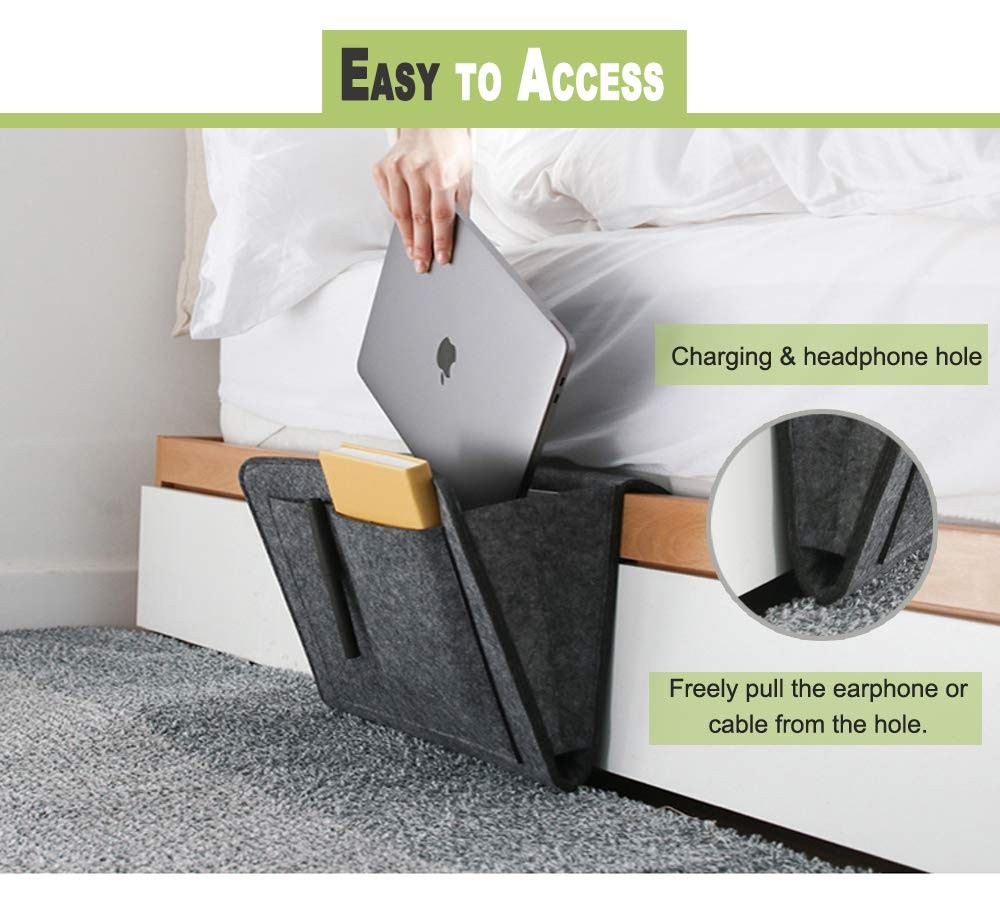 Felt Bedside Caddy Bed Dorm Bunk Organizer Storage Pocket Tablet Holder Gray