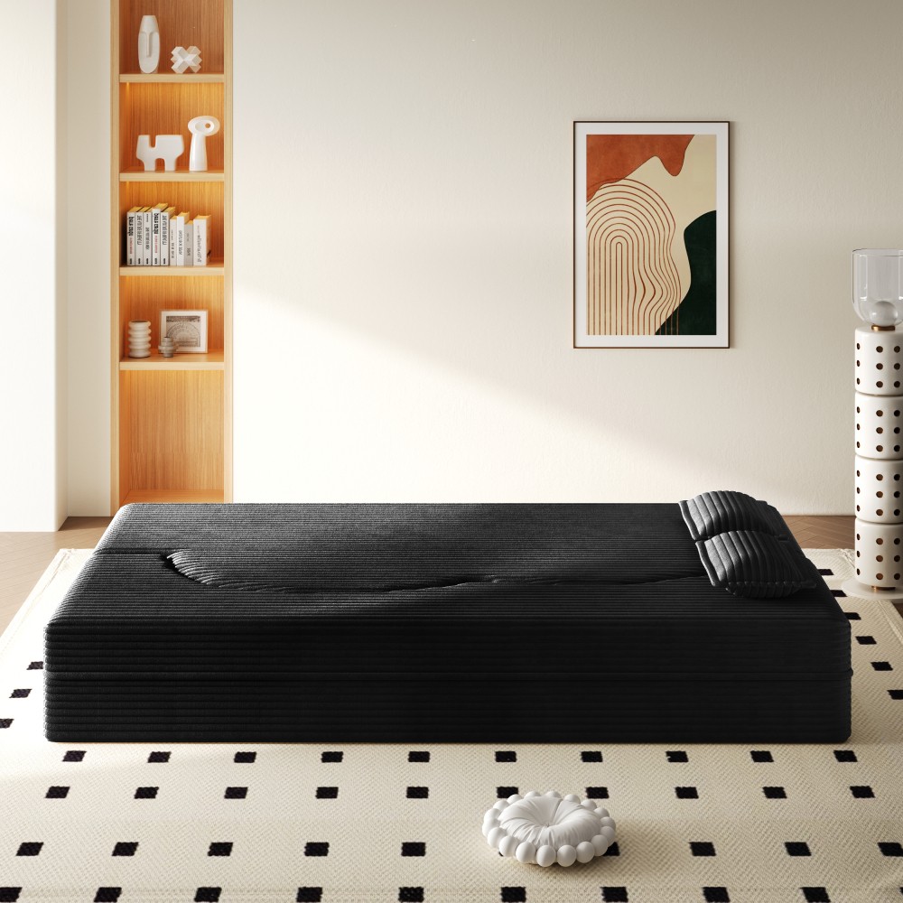 Corduroy Twin Floor Sofa Bed w/ 2 Pillows, Foldable Sleeper Couch, Black