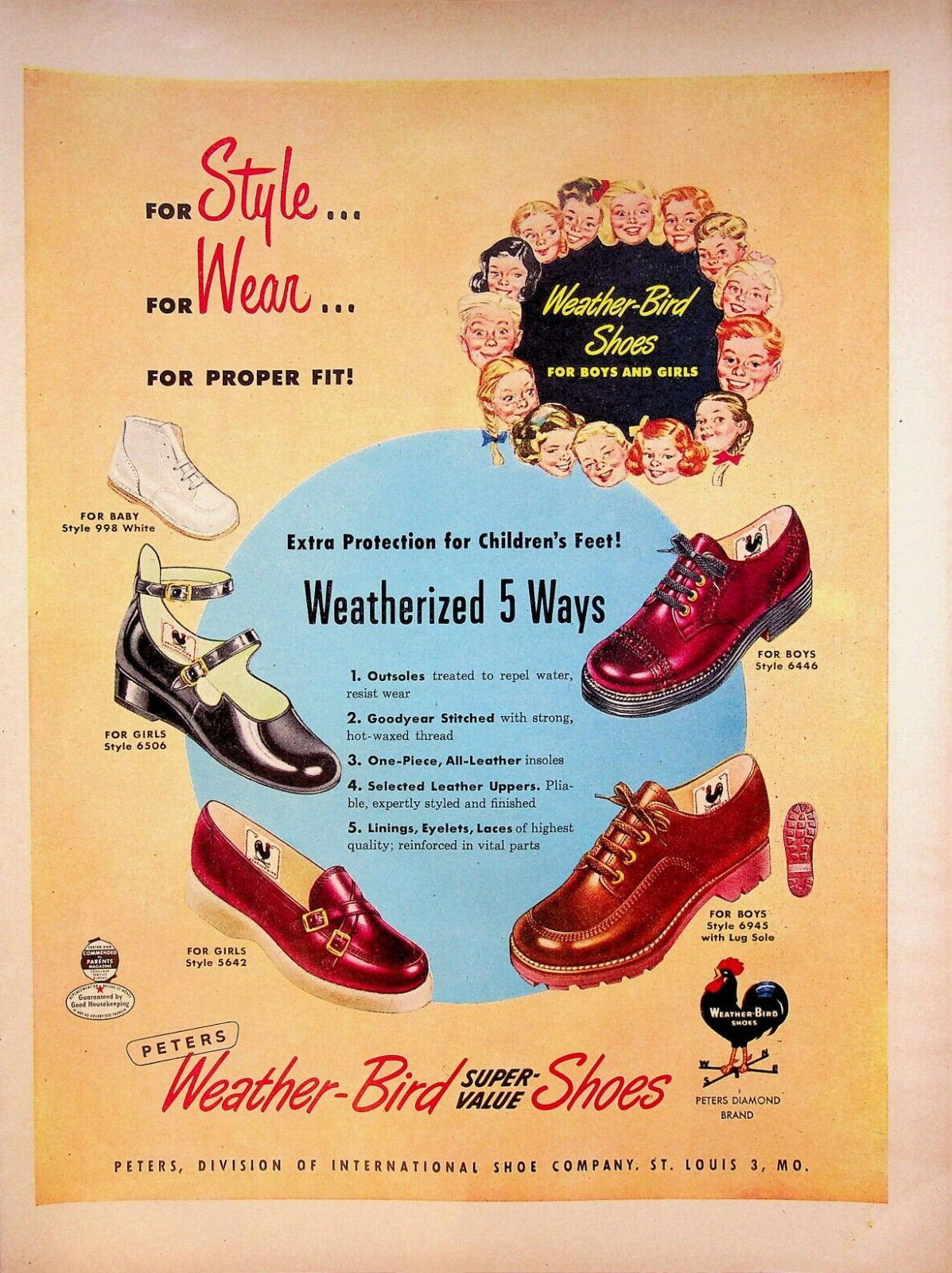 1949 Weather-Bird Shoes Vintage 1940s Print Ad Style for Boys Girls Super Value