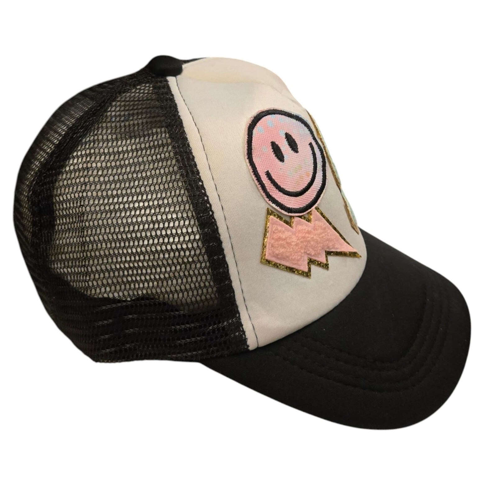 Letter S Trucker Hat Black White Mesh Snapback Smiley Face Lightning Bolt READ