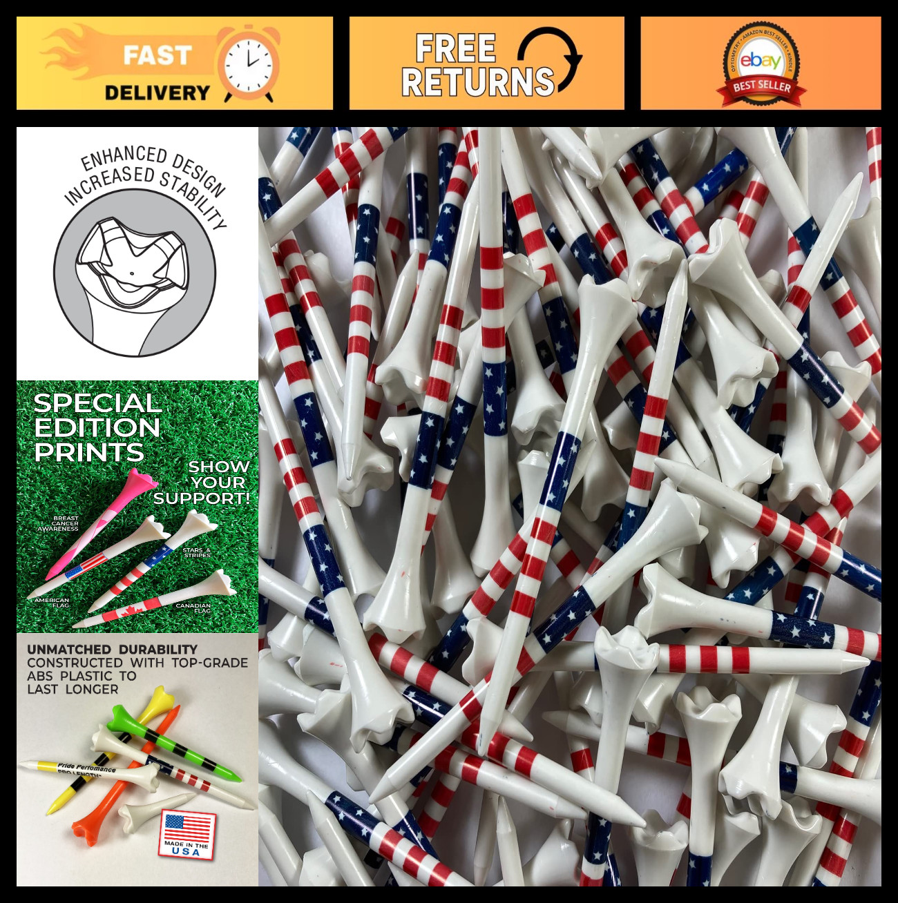 Performance Plastic Golf Tees - Stars & Stripes - 100 Count, 3.25" - Less Fricti