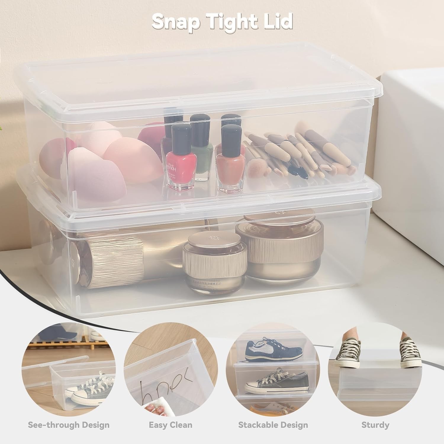 8 Pack 6QT Plastic Storage Bins with Lids, Shoe Boxes (Clear)