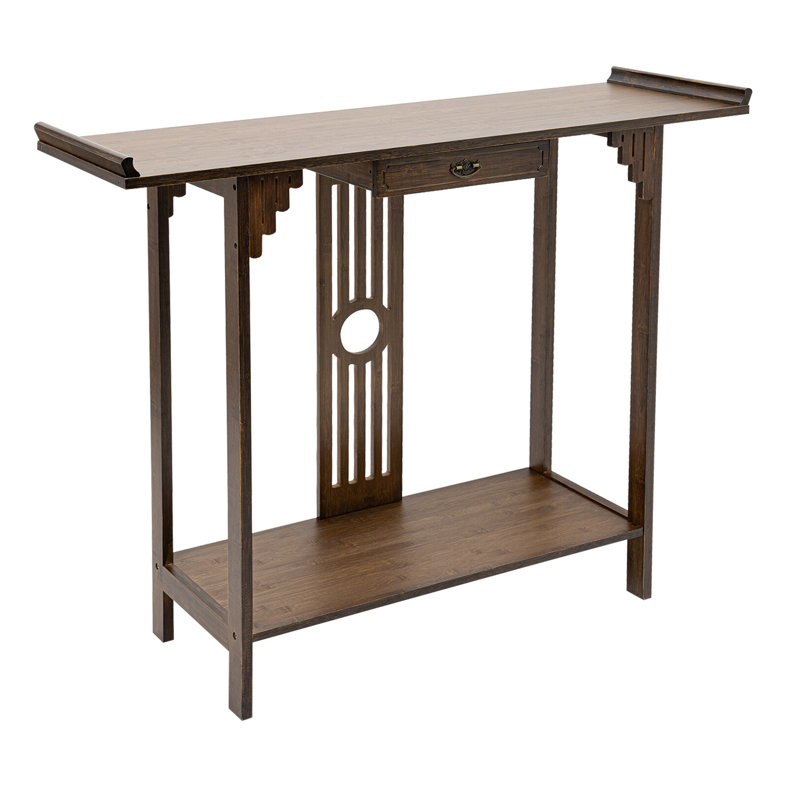2 Tiers Walnut Sofa Table Bamboo Entryway Table Table With Storage Shelves