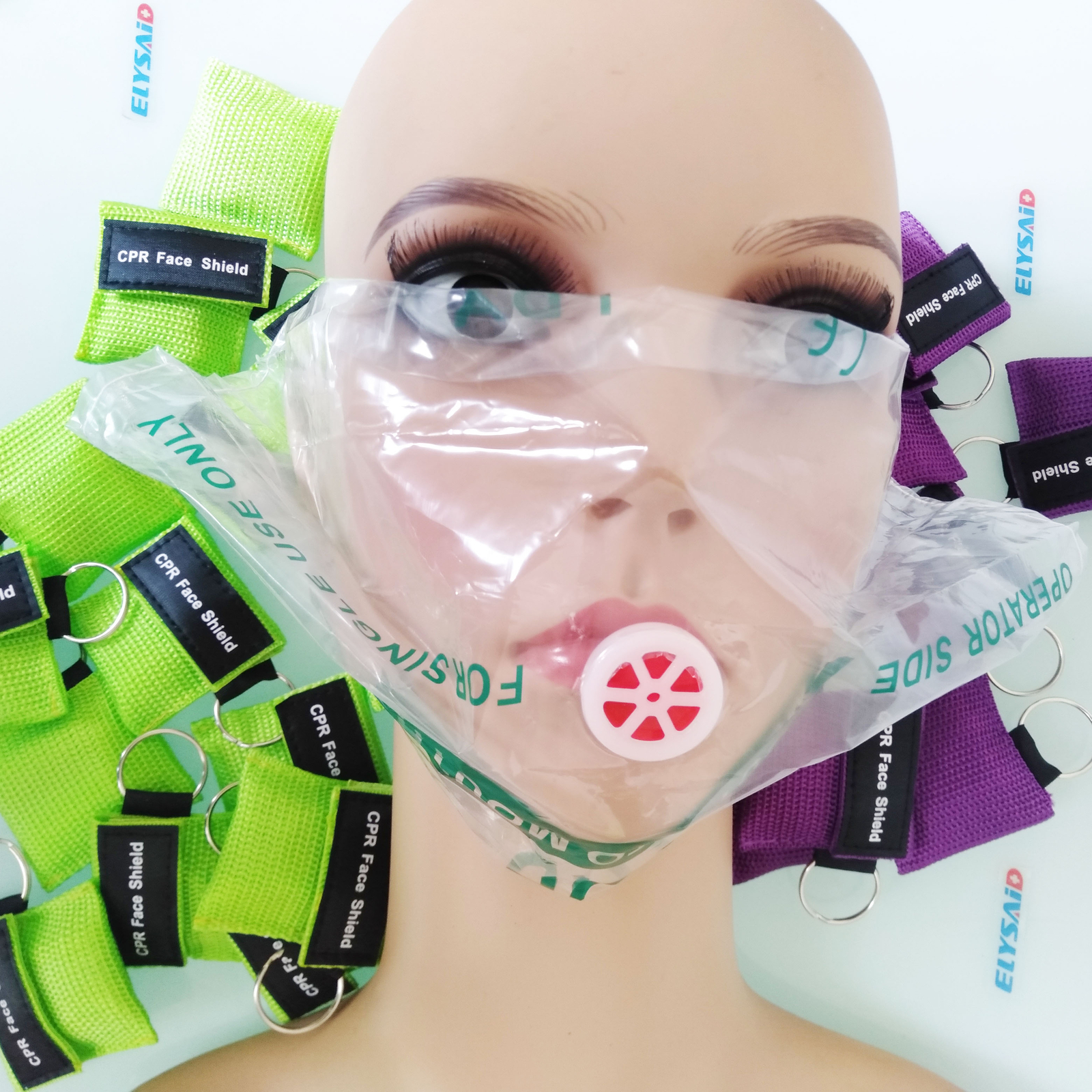 1000pcs light green CPR Keychain Pouch AED First Aid Training CPR Face shield