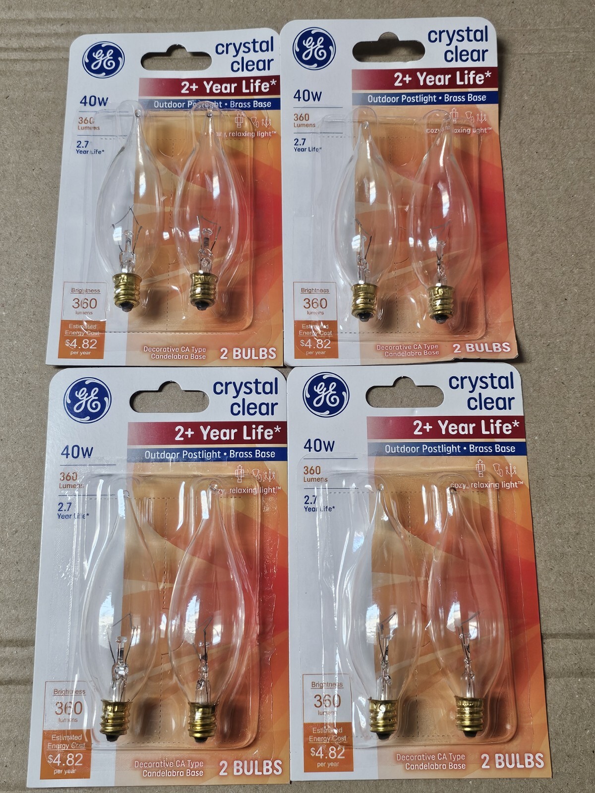 8 BulbsGE 40 Watt Crystal Clear Bent Tip CA-Type Light Bulbs w/Candelabra Base