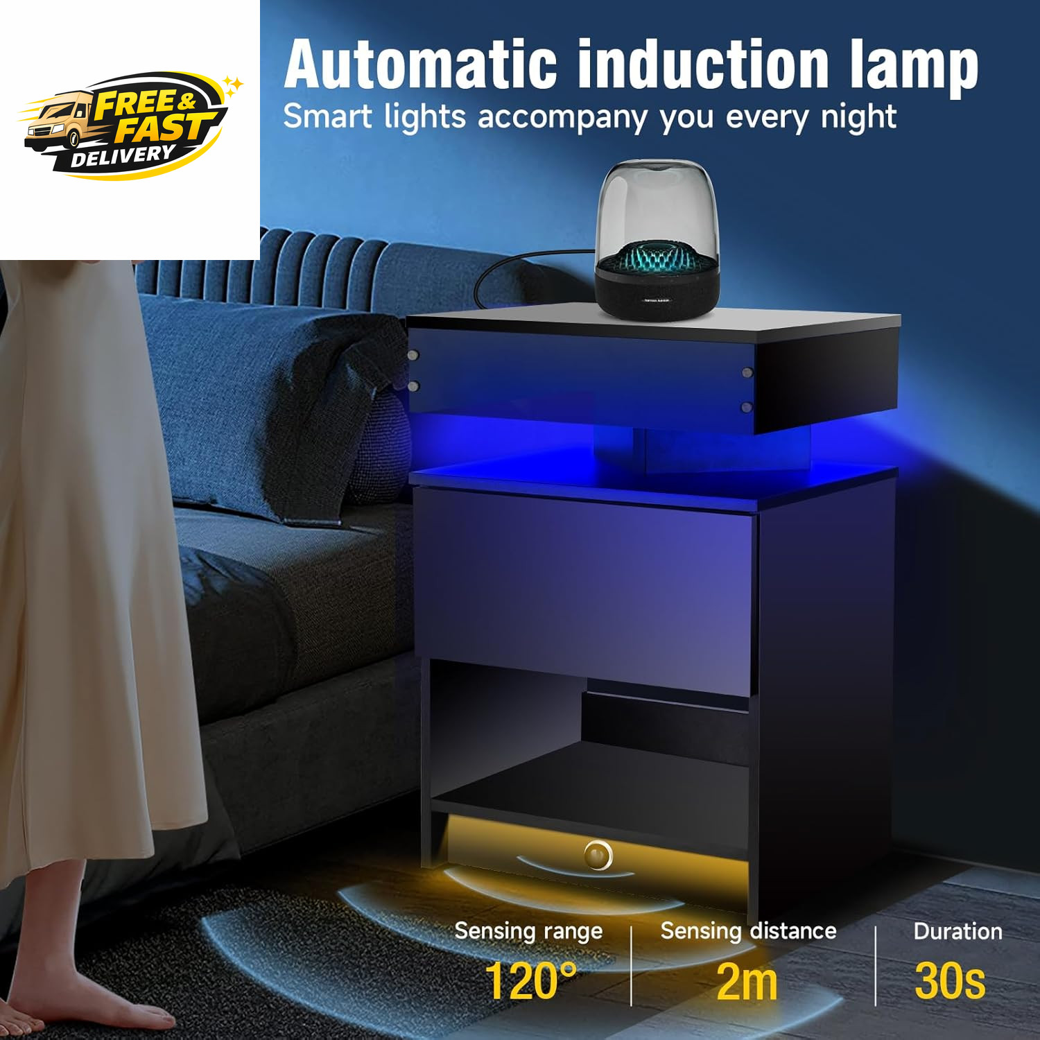 Nightstand with Induction Light & Side Charging Station, Modern Bedside with &