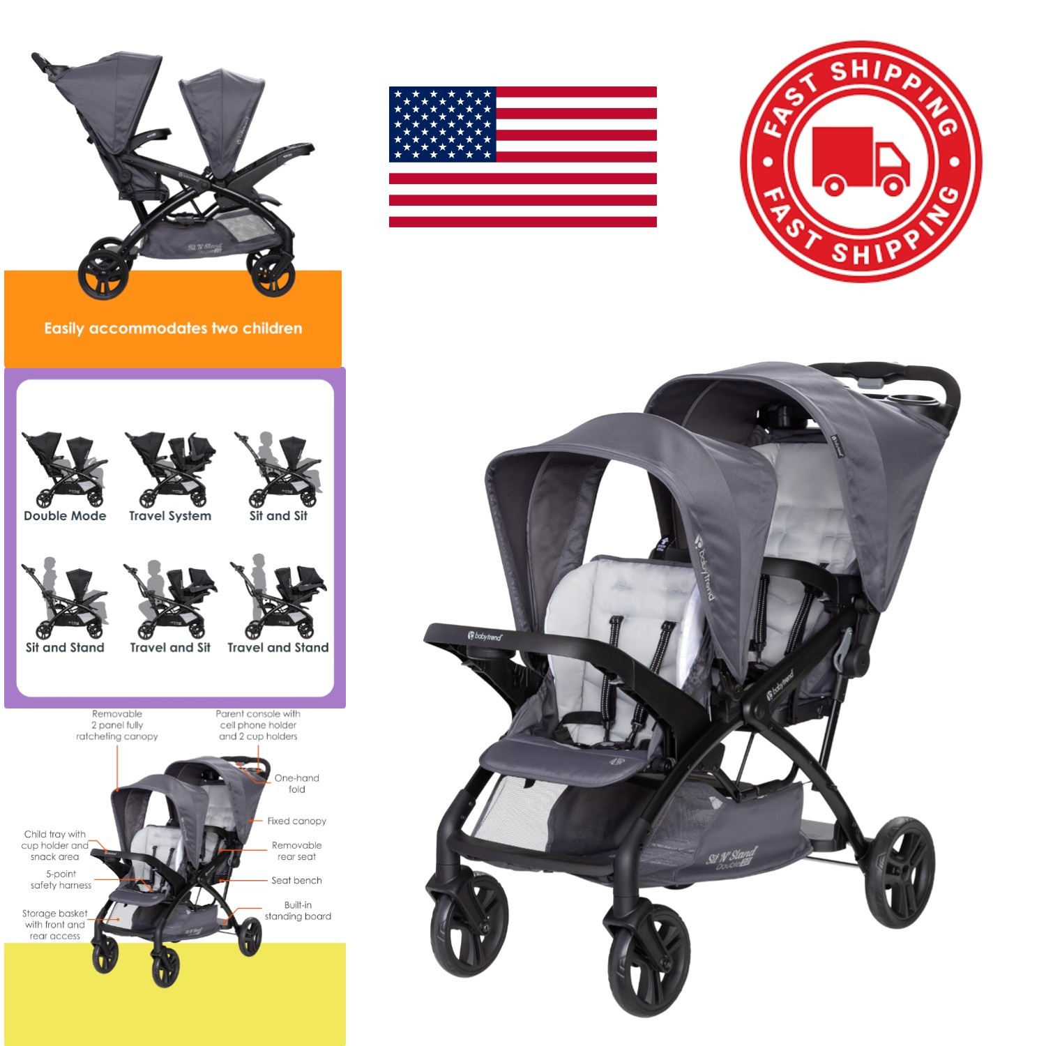 Sit N Stand Double Stroller Dash Grey Foldable Lightweight Travel Friendly