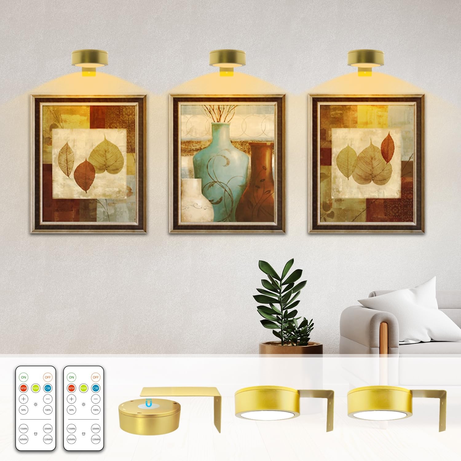 Battery Picture Light 3Pack Gold,Wireless Painting Light with Remote,3 Lighti...