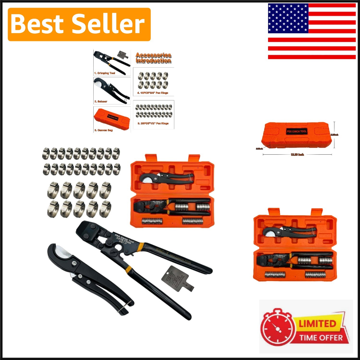 Universal PEX Clamp Cinch Tool for 3/8 to 1-inch Sizes with Complete Clamp Set