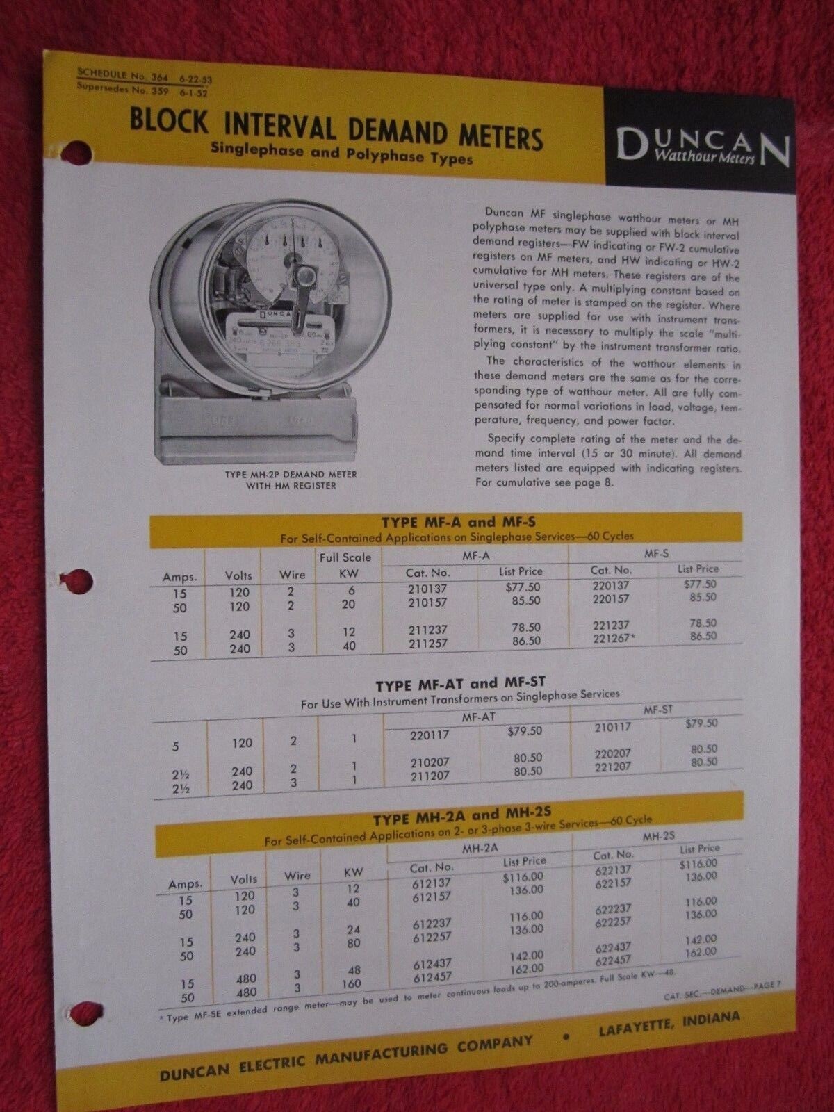 1953 DUNCAN BLOCK INTERVAL DEMAND WATTHOUR METER BROCHURE