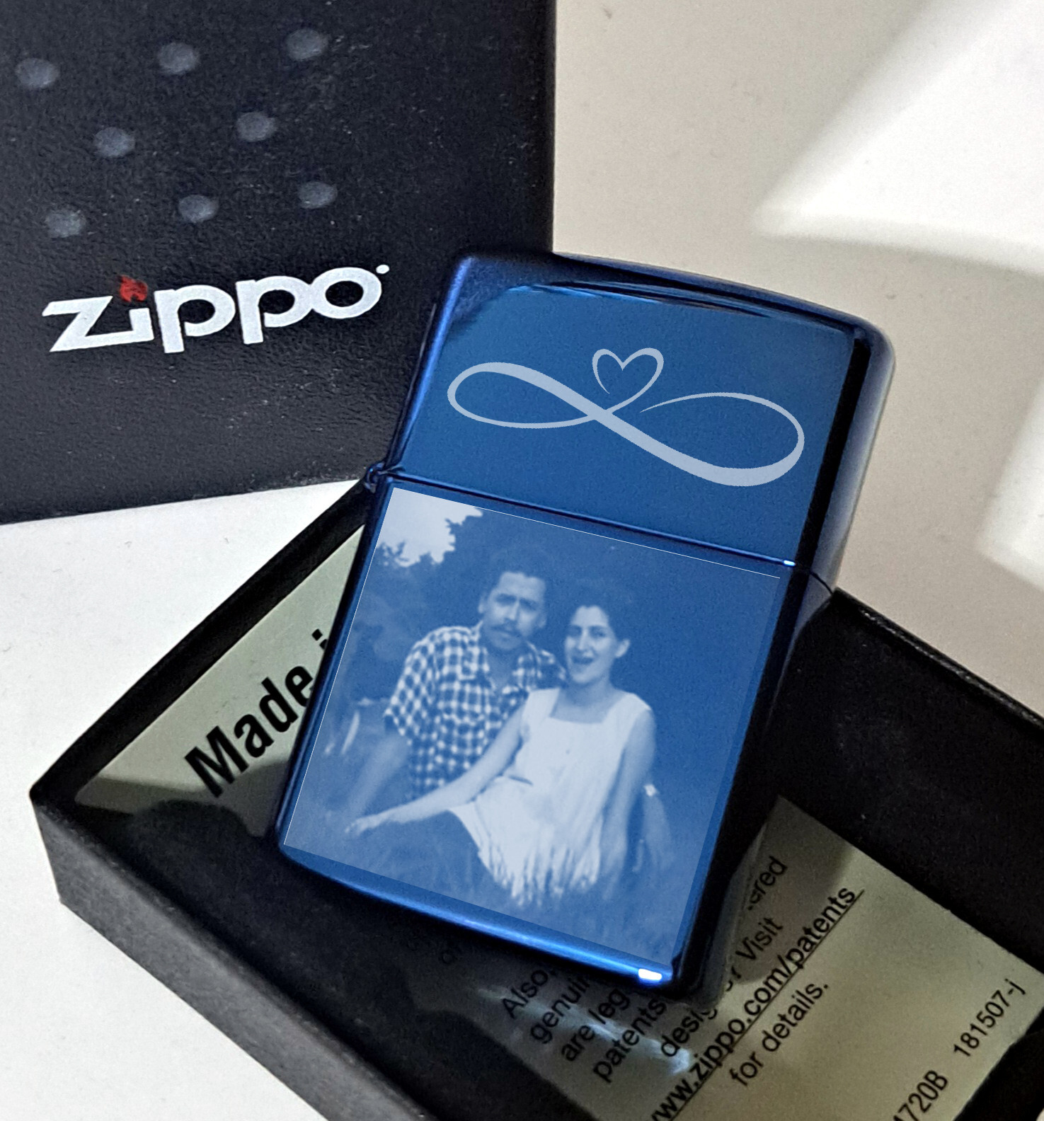 Custom Engraved Saphire Blue Zippo lighter 20446 | Personalized with Photo &Text