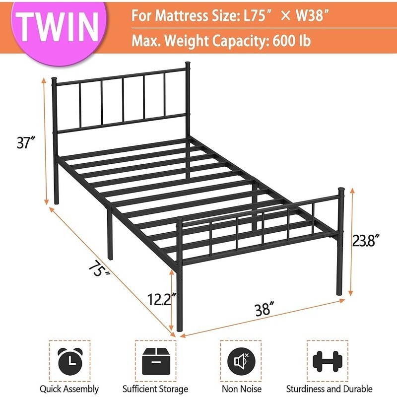 Twin Bed Frame Alloy Steel Platform No Box Spring Easy Assembly Safe Design New