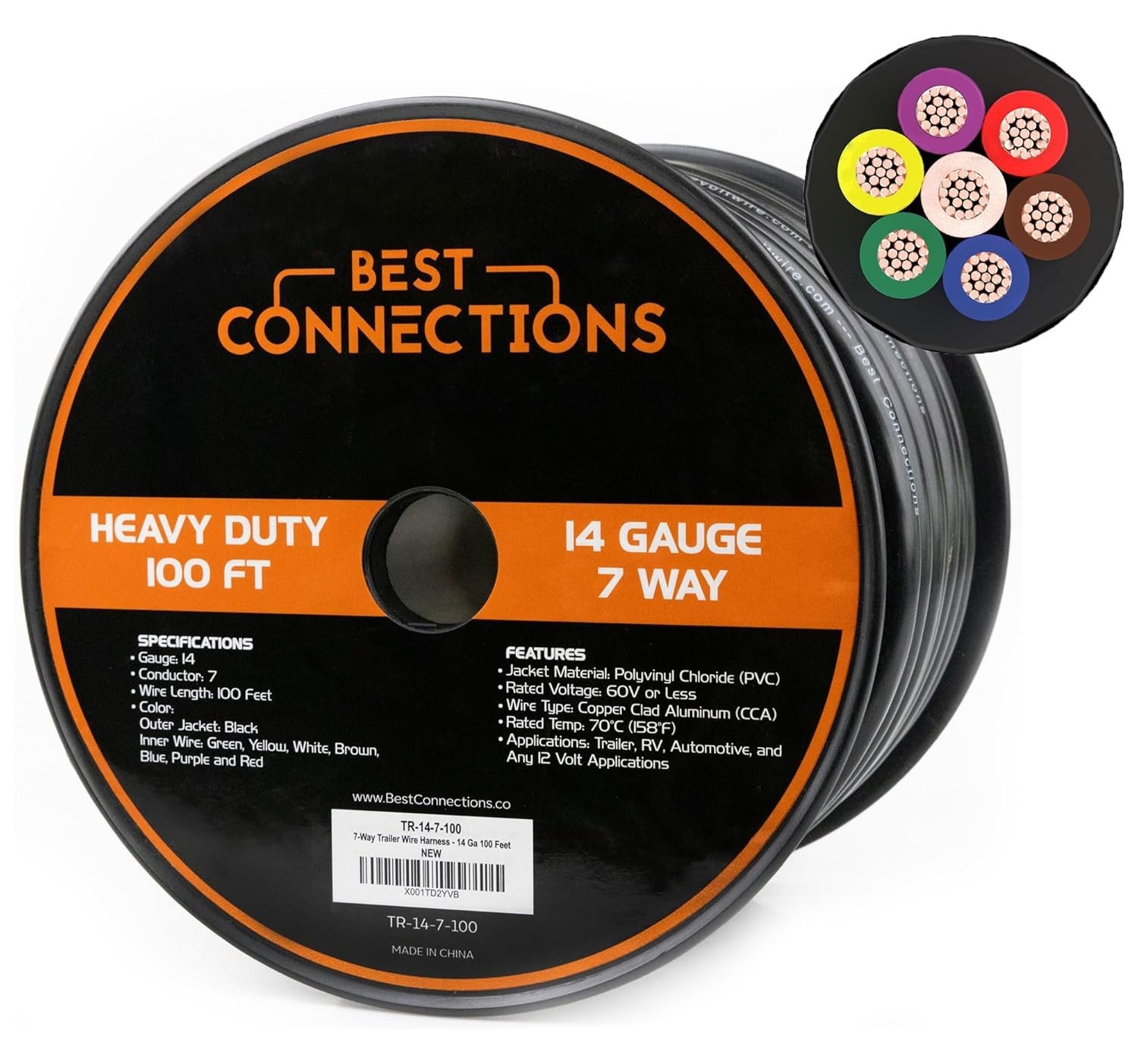 BEST CONNECTIONS 7 Way Trailer Wire (100 Feet) Heavy Duty 14 Gauge