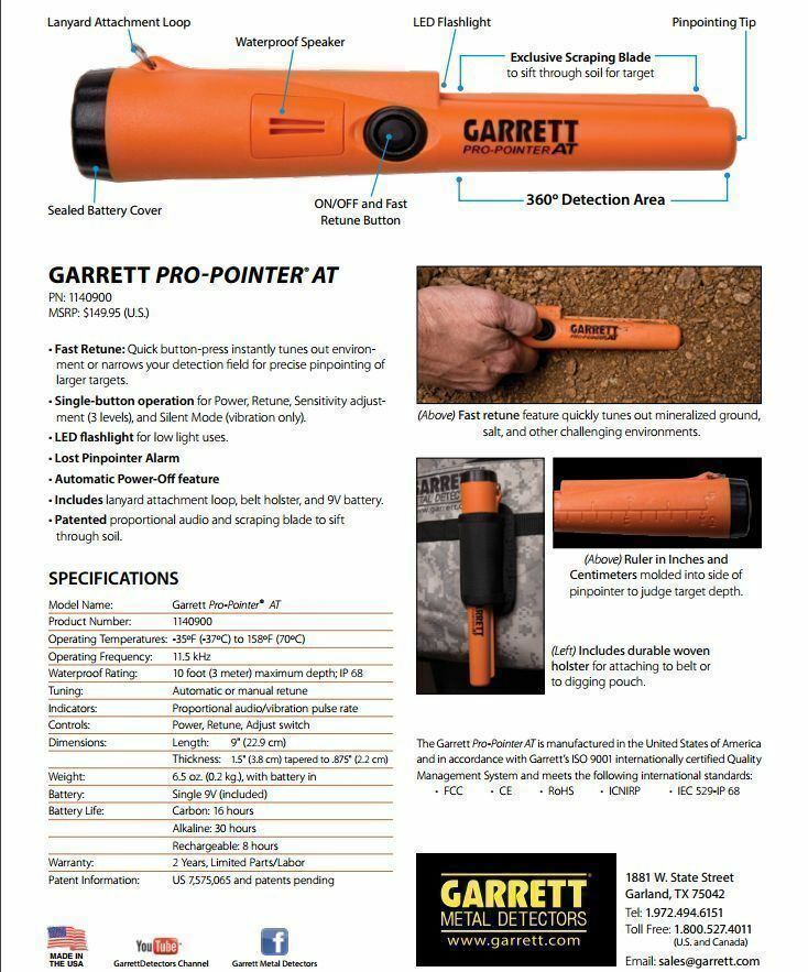 Garrett Maximum Sensitivity Pro-Pointer AT Metal Detector Pinpointer Waterproof