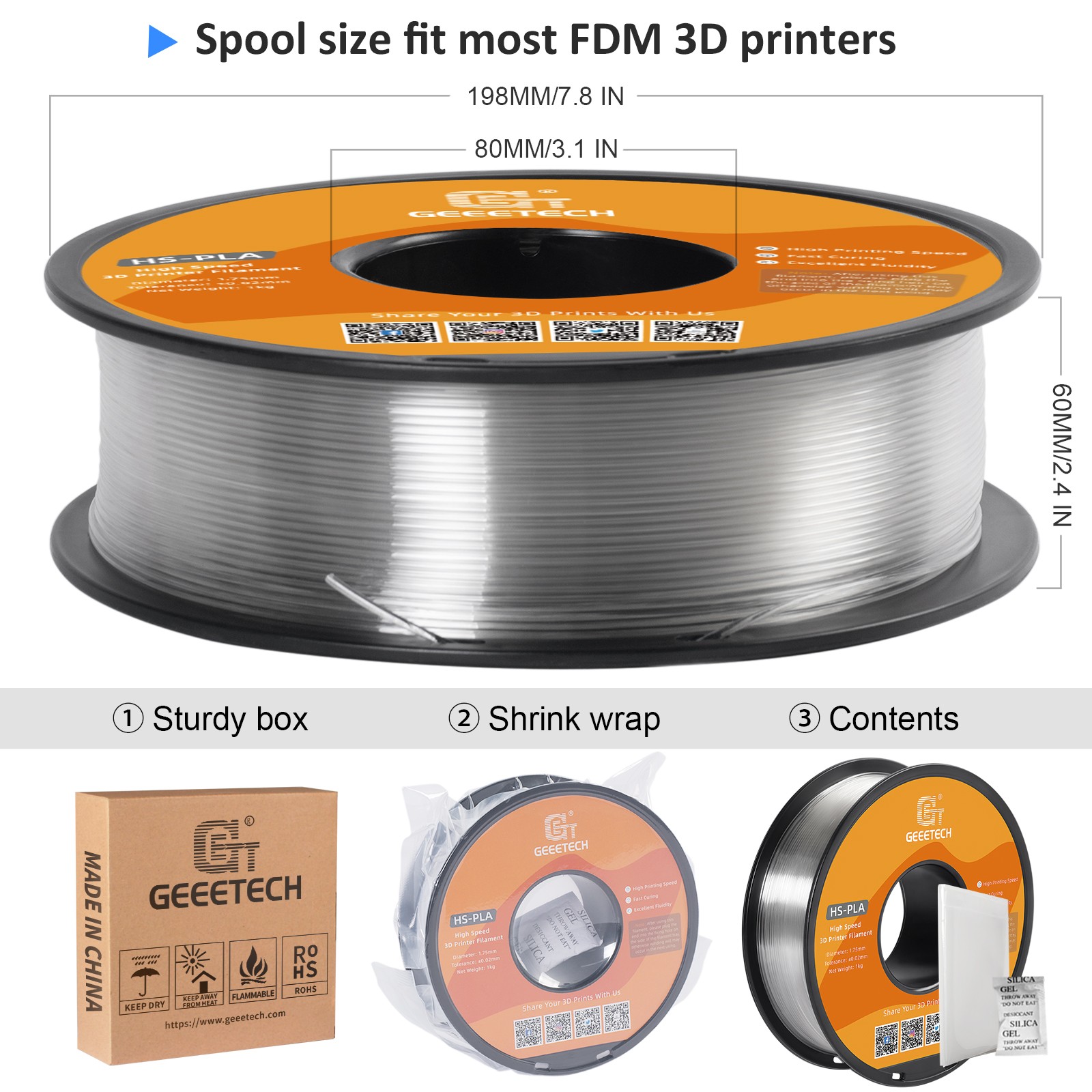 Geeetech 3D Printer Filament HS-PLA Transparent 1.75mm 1KG Printer Consumables