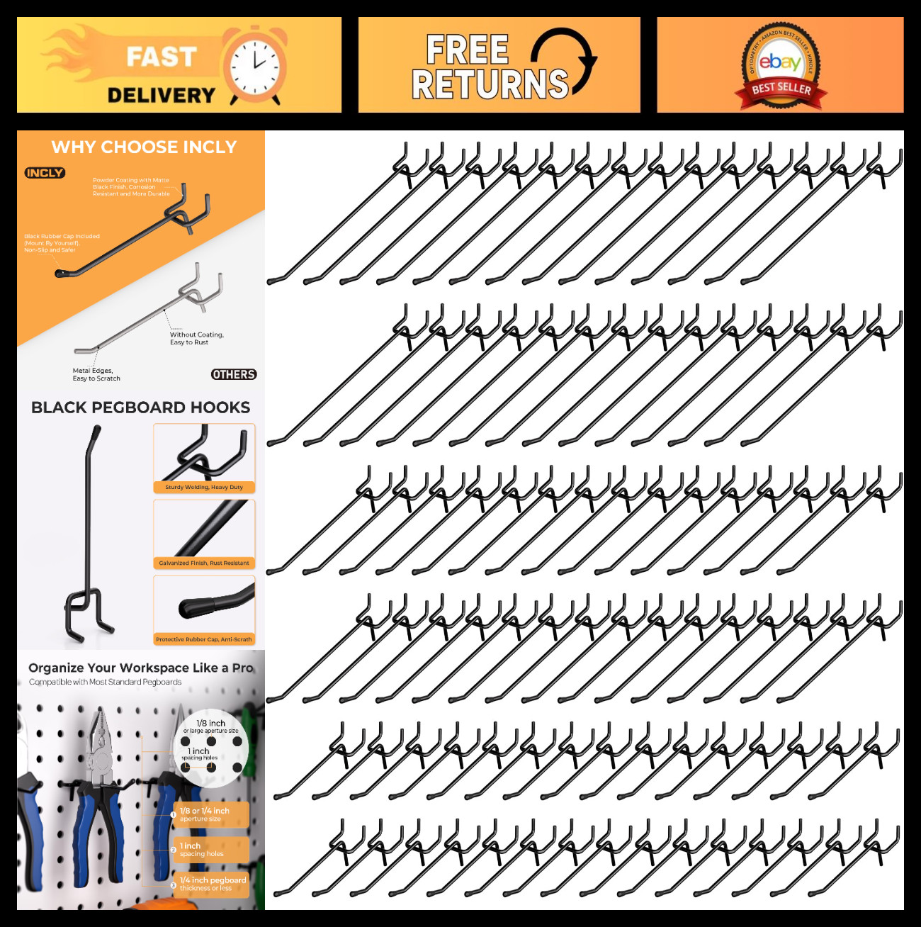 120 Pack Pegboard Hooks - 4/6/8 Inch Tool Hangers for Garage, Craft Room, Kitche