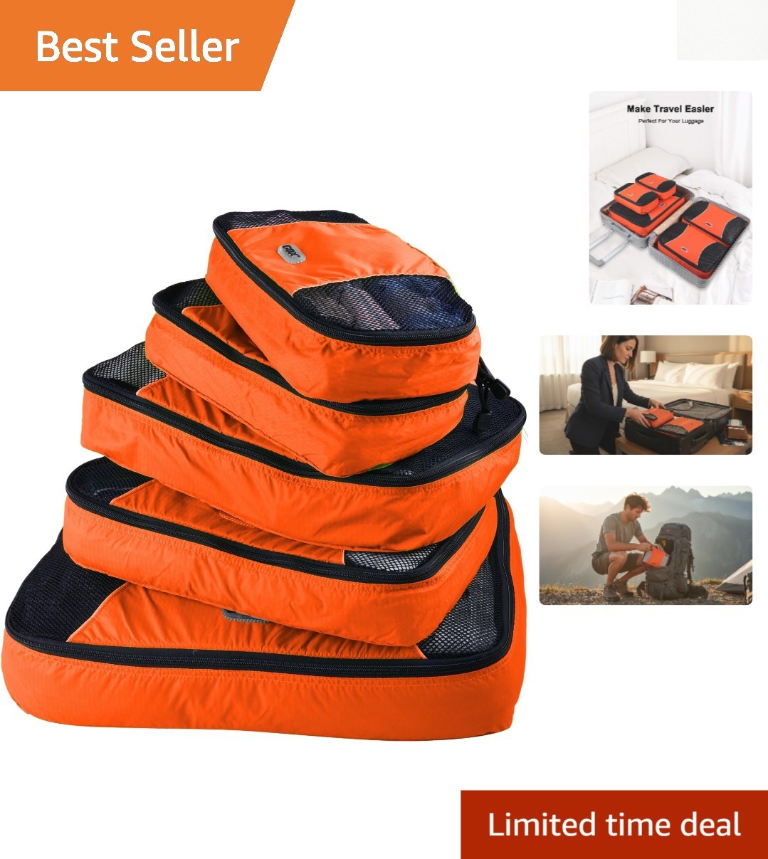 Ultra-Lightweight 5-Piece Packing Cubes Set – Travel Organizer in Bright Orange