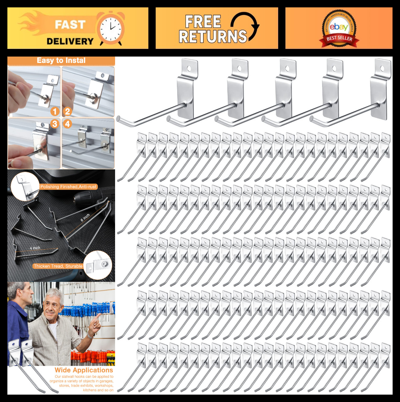 100 Pack Heavy Duty Slatwall Hooks - Metal Accessories for Garage, Retail, Home
