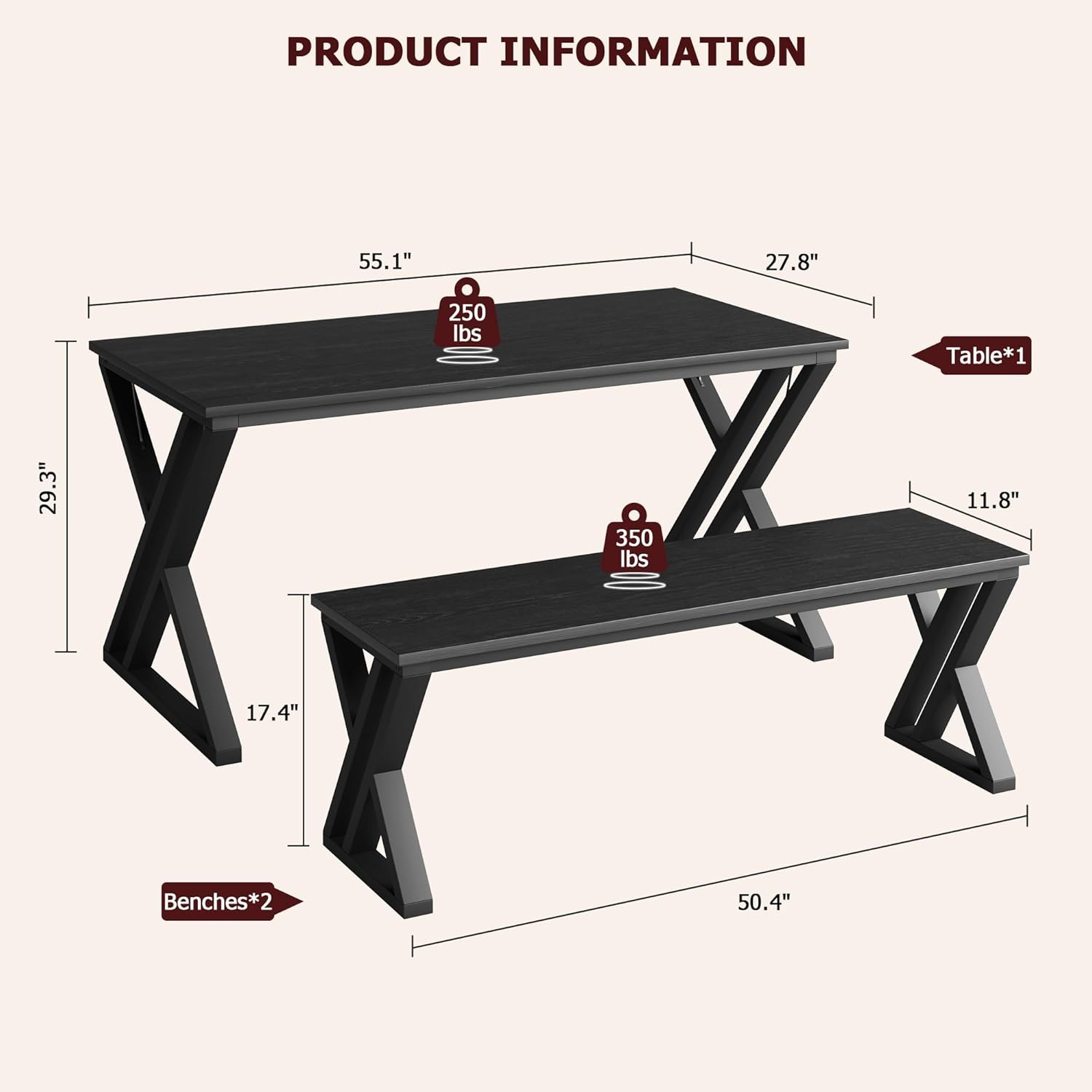 Kitchen Room Table Set with Benches 55.1" Dining Table Set for 4 People