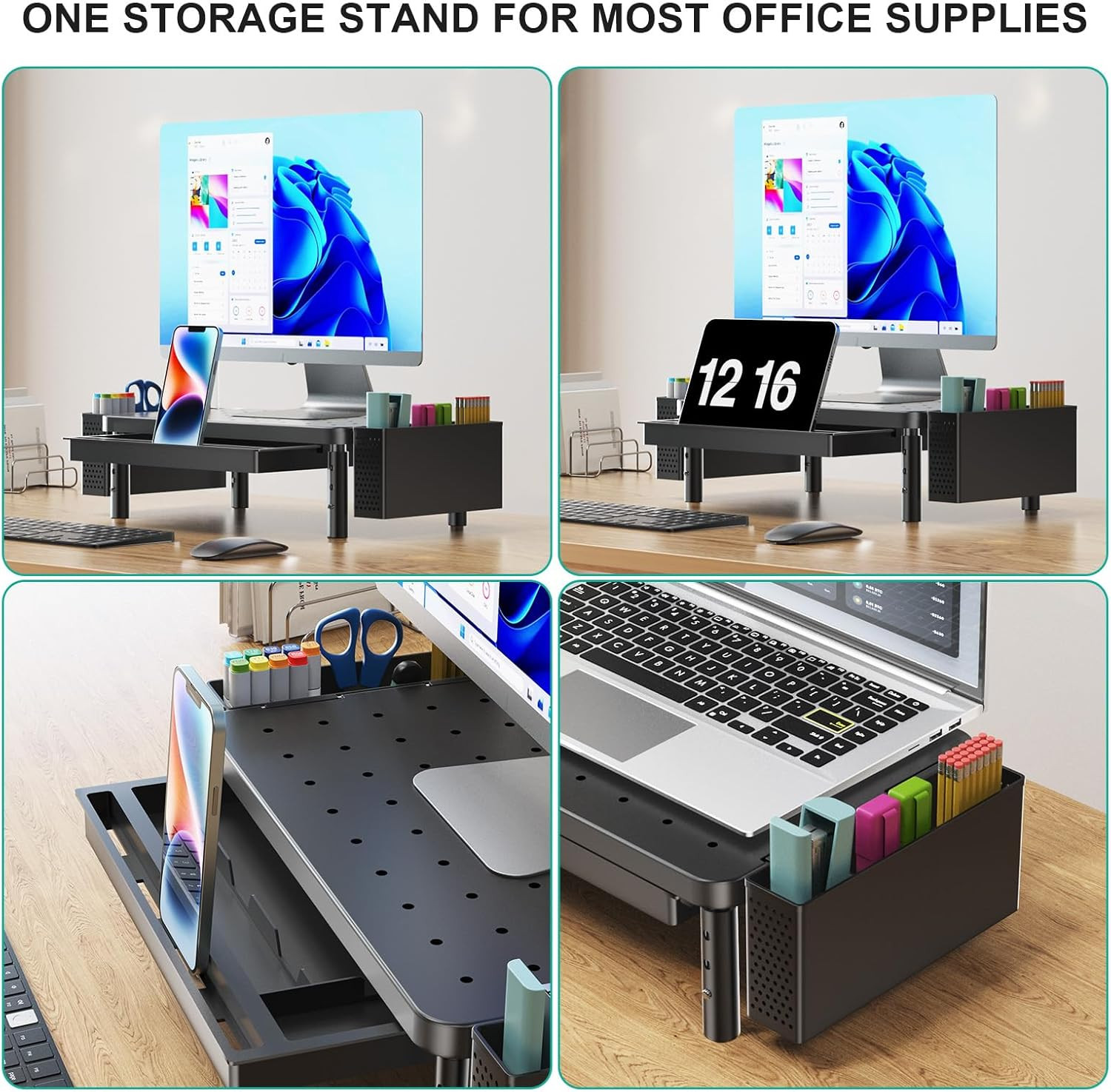 Computer Monitor Stand with Storage, Desk Organizer with Drawer and Pen Holder,