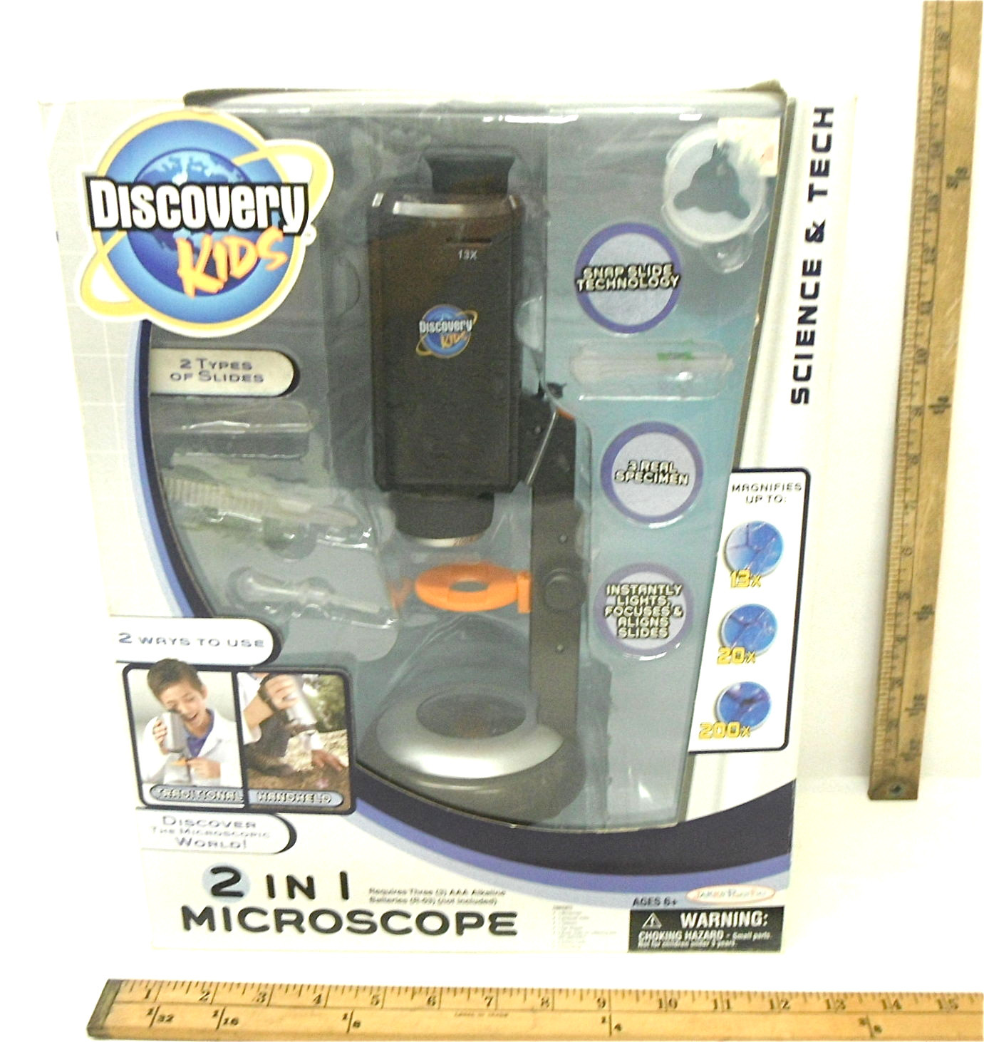 2008 Discovery Kids 2 in 1 Microscope 13X to 200X Ages 6+ Magnifier Unused