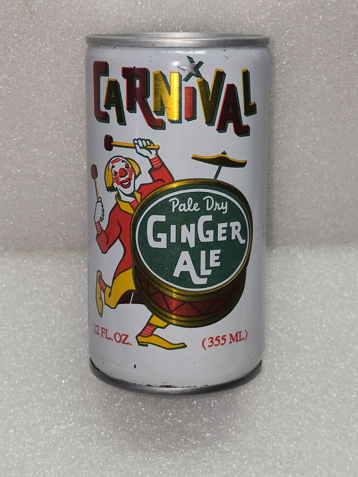 Vintage Carnival Ginger Ale Clown Jester Drummer Steel Soda Pop Can