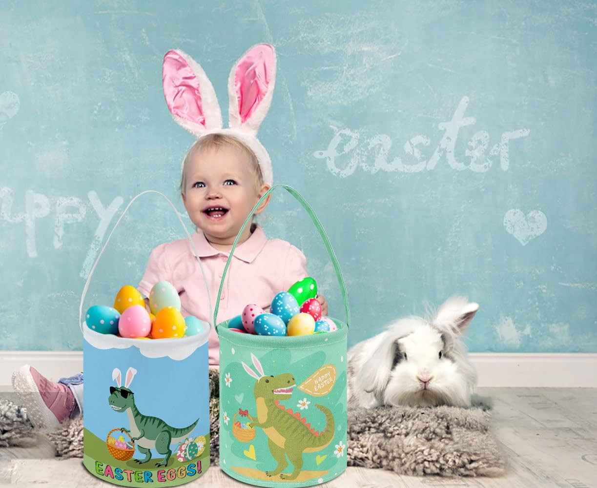 HKEC Dinosaur Easter Eggs Buckets,Gift Baskets with Handle,Cute Pattern Easte...