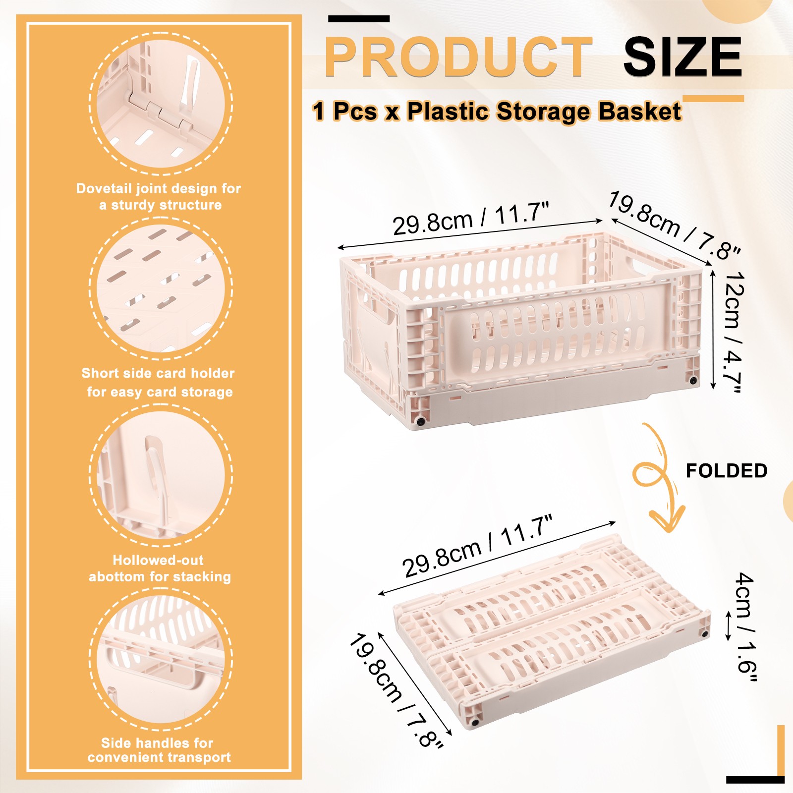 Collapsible Crates, 11.7x7.8x4.7" Small Plastic Storage Baskets, Light Pink