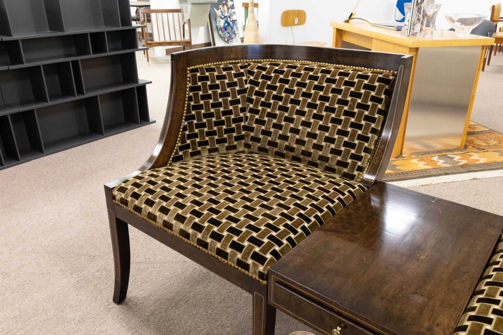 Vintage Mahogany Two-Seat Conversation Settee With Central Table And Drawer