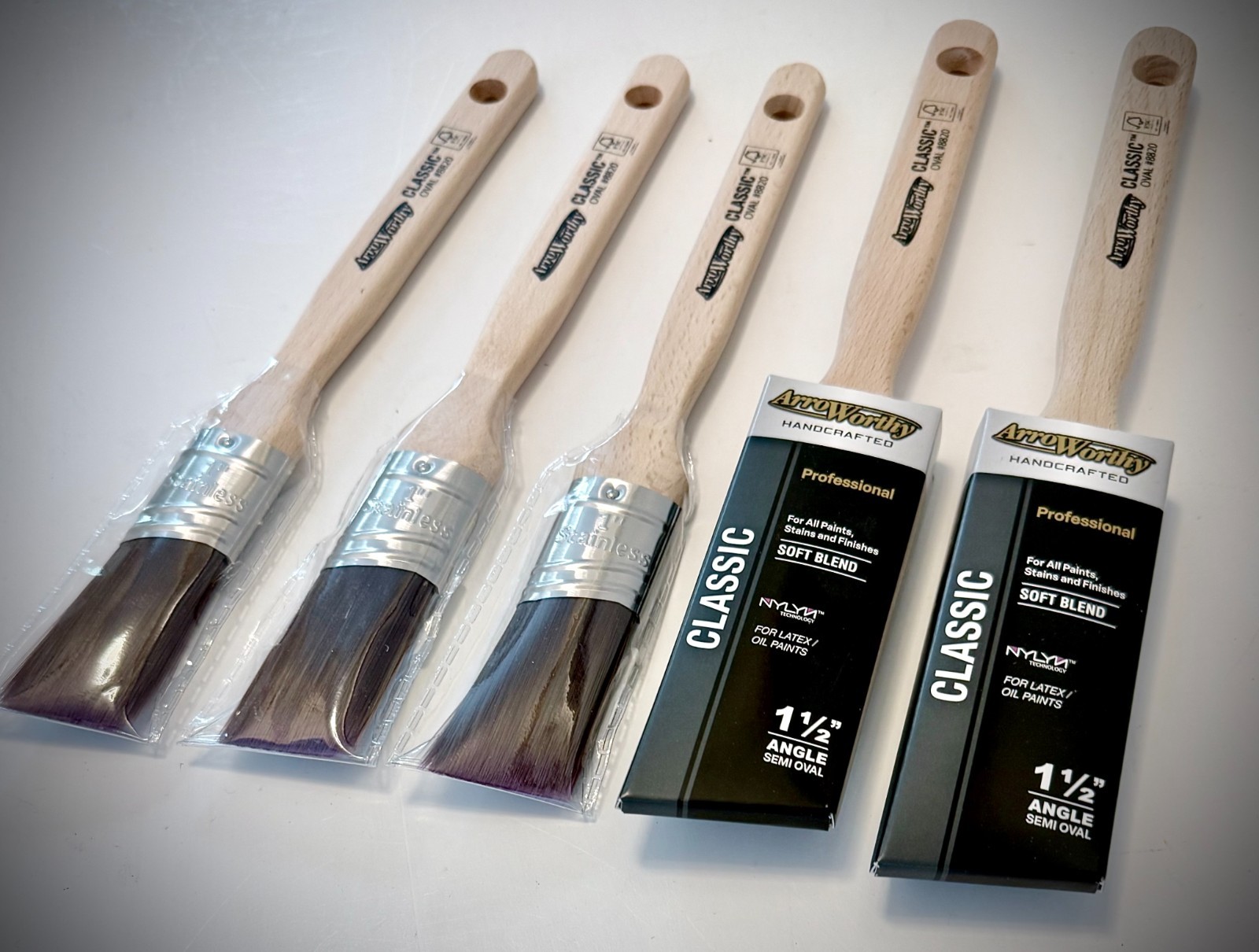 ArroWorthy Paint Brushes Classic Long Handle Semi-Oval Angled "SMALL" Set [NEW]