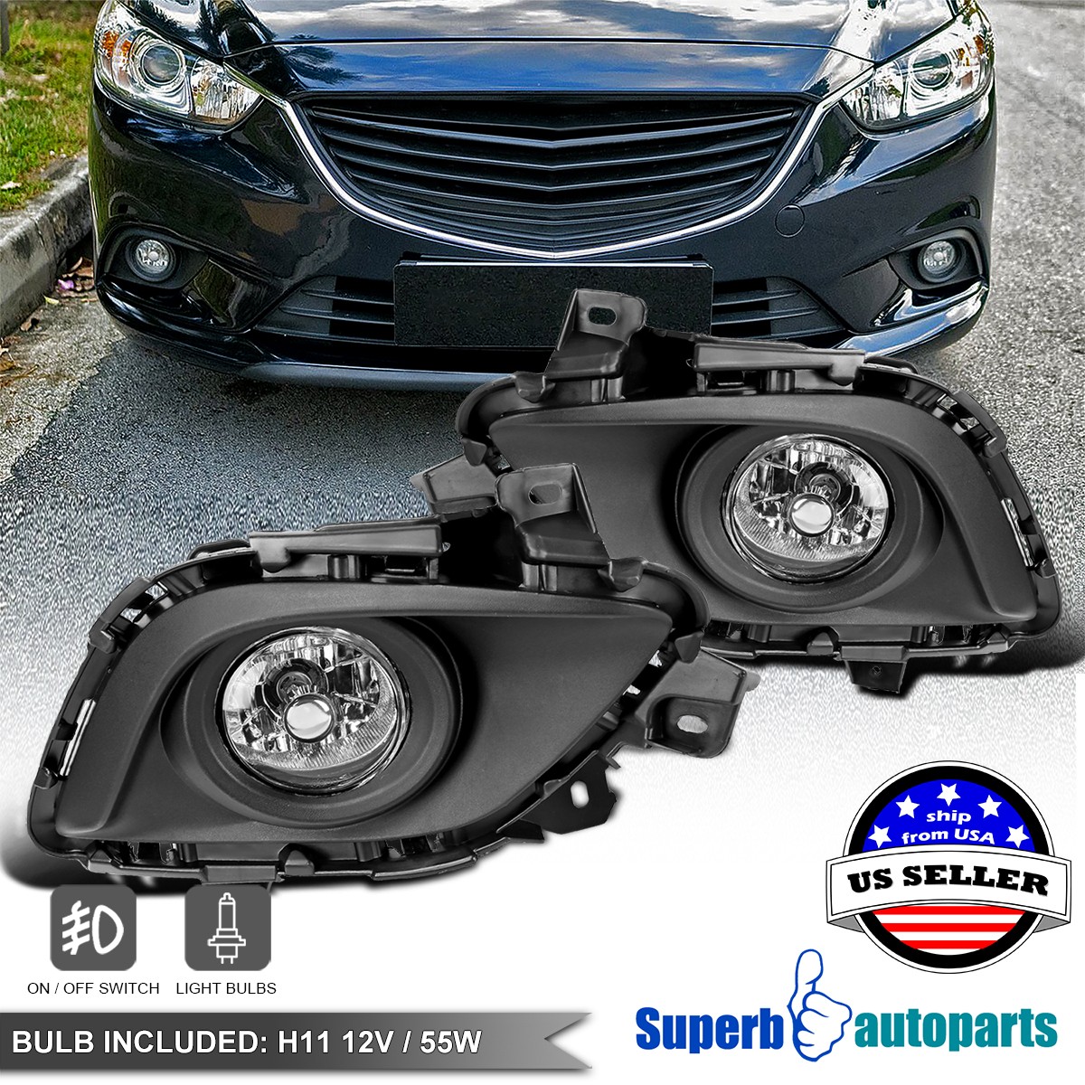 Fits 2014-2016 14-16 Mazda 6 Atenza Bumper Lamps Fog Lights Kit+Switch